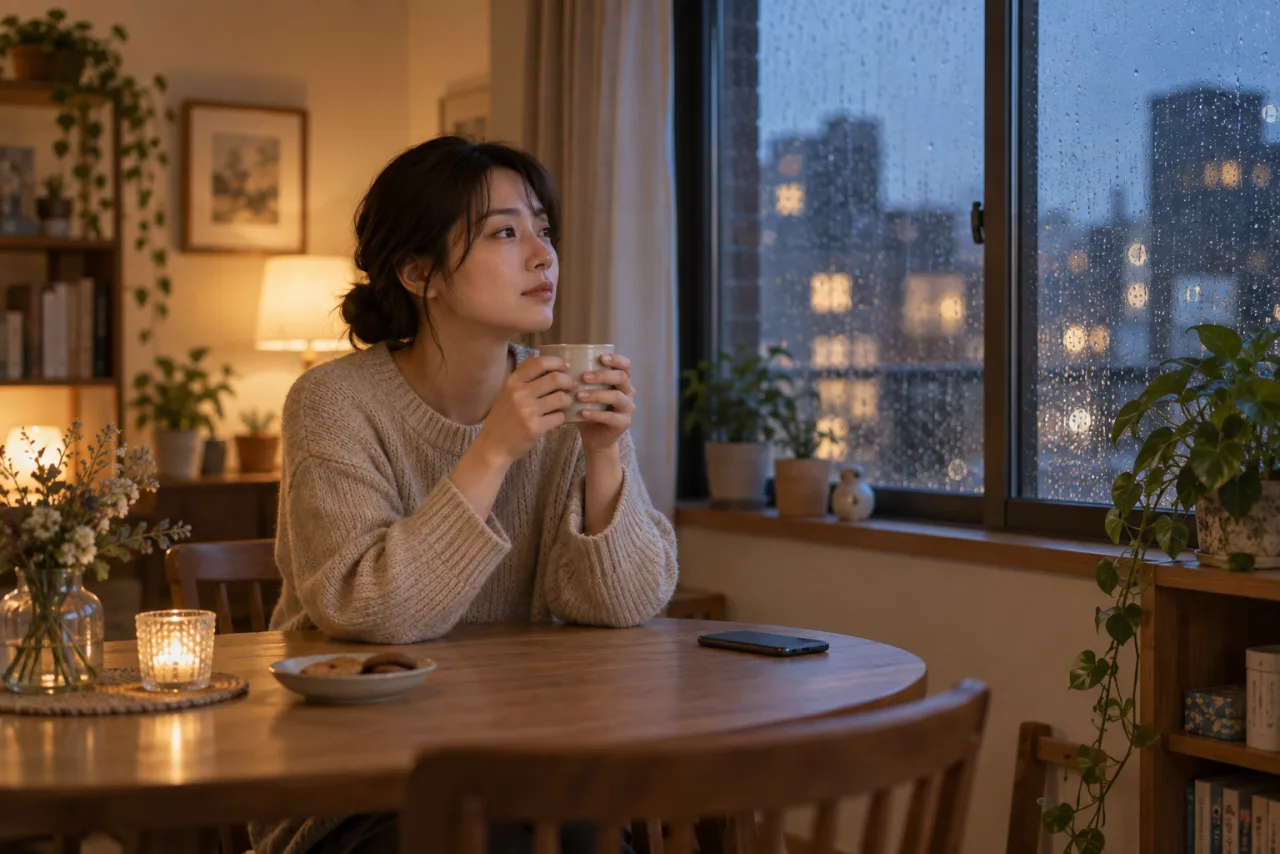 雨の夜、伏せたスマートフォンの横でマグを両手で包みながら考える葵さん