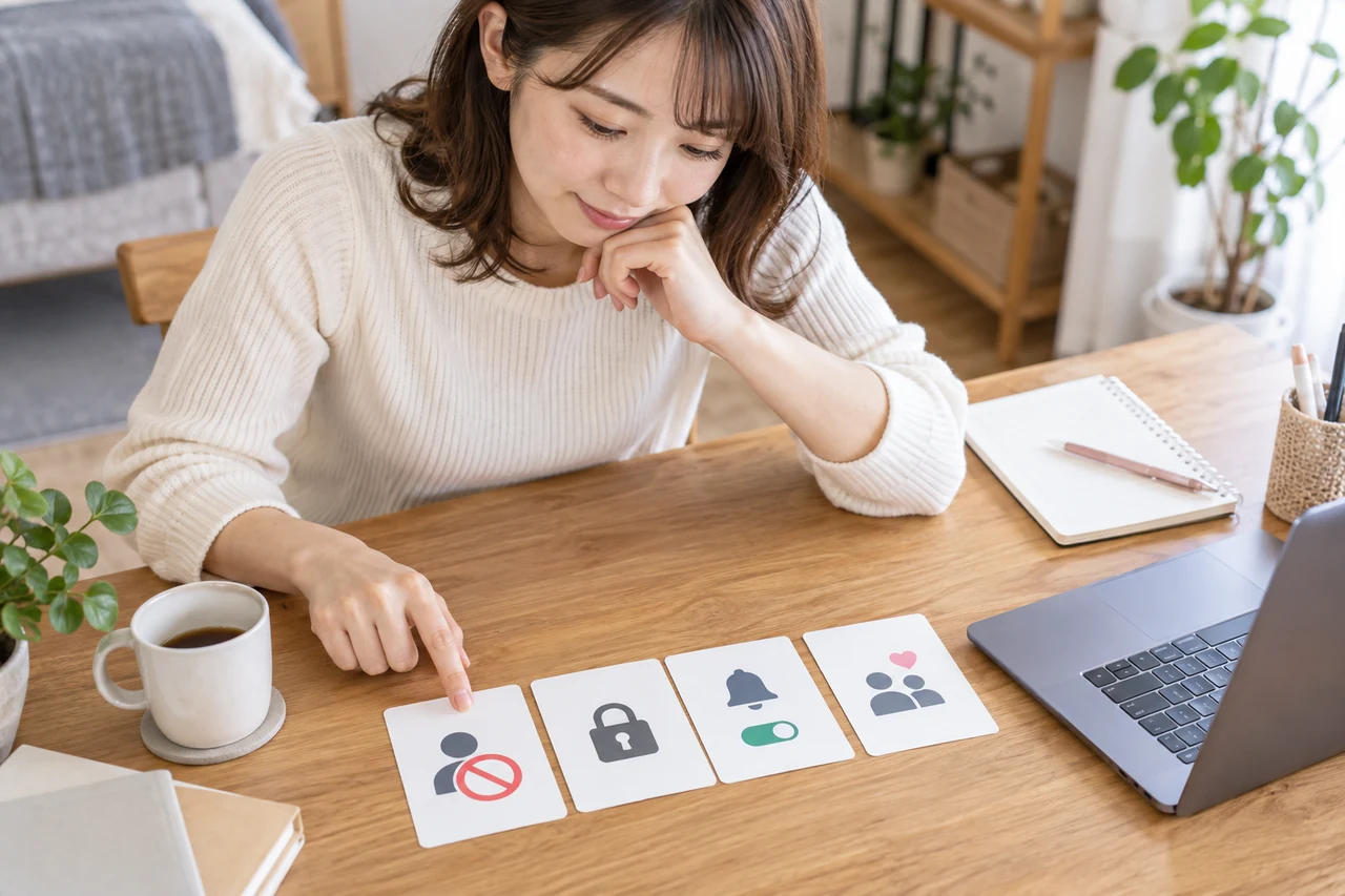 婚活アプリの安全機能と通報・ブロック手順を確認する葵さん