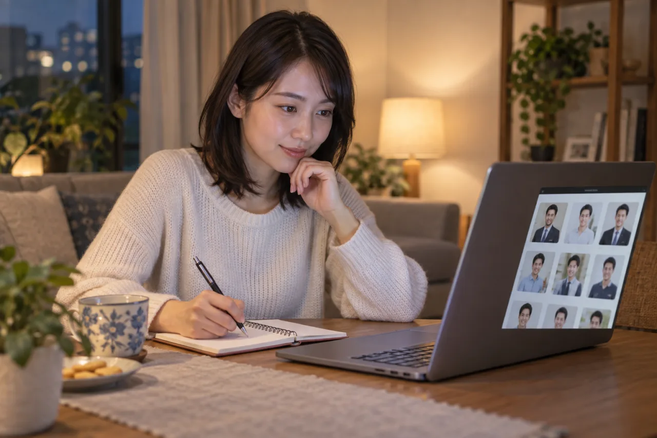 会員検索画面を見ながら質問を書く葵さん