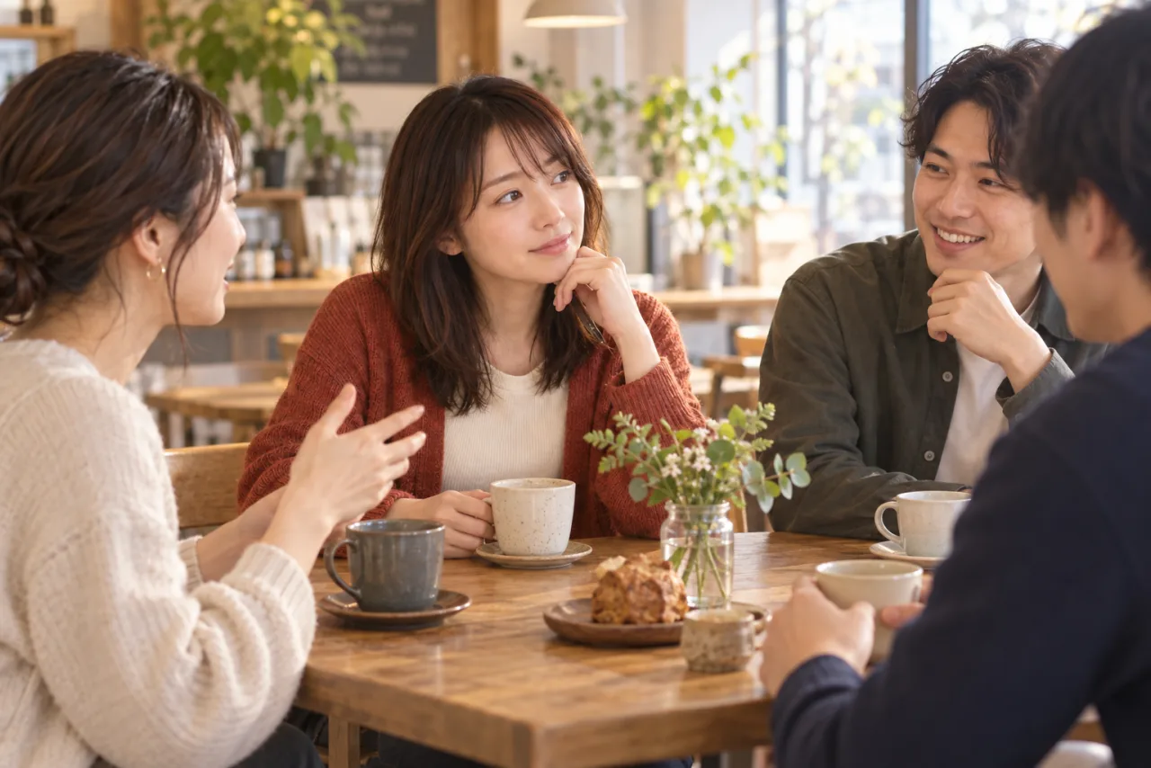 明るいカフェの少人数イベントで会話を聞きながら自分のペースを確かめる葵さん