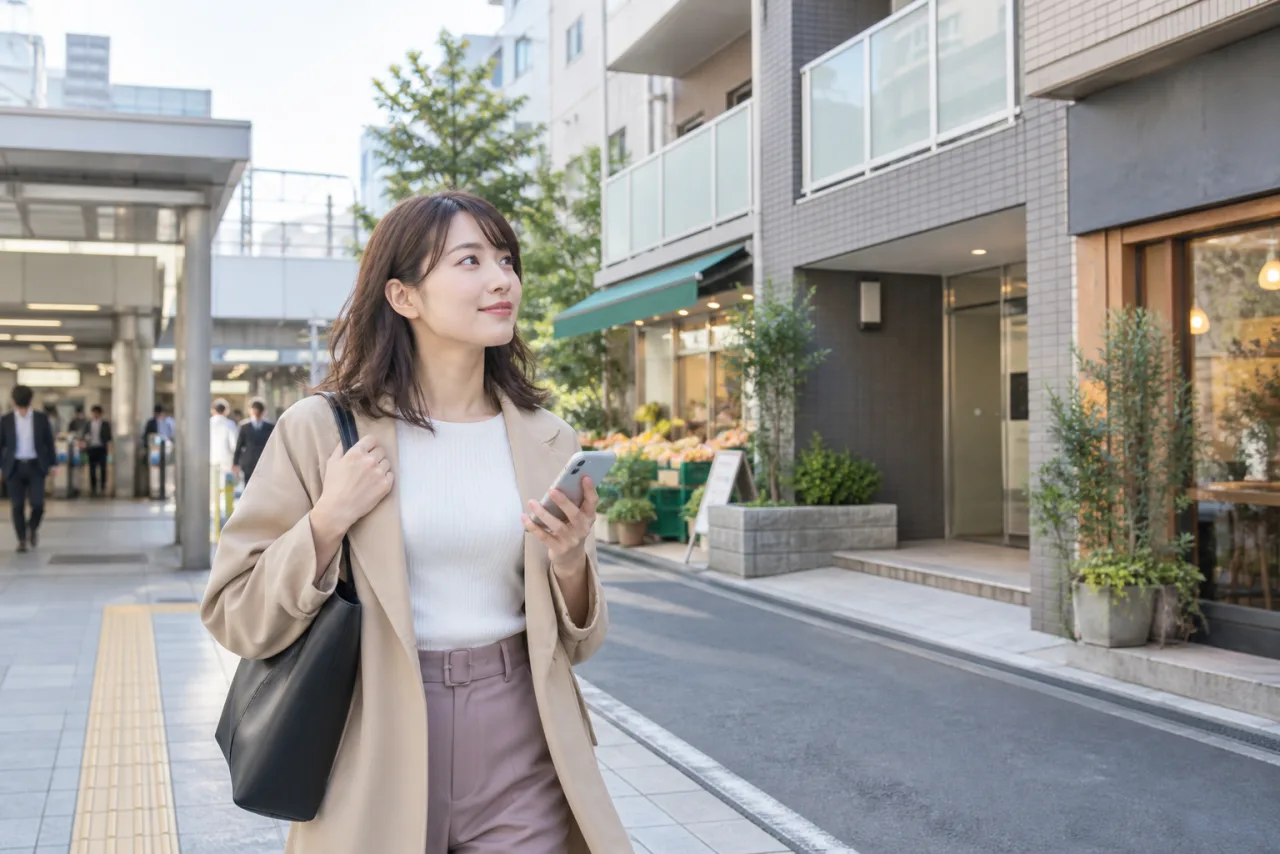 駅から候補物件までの道を歩く28歳の葵さん