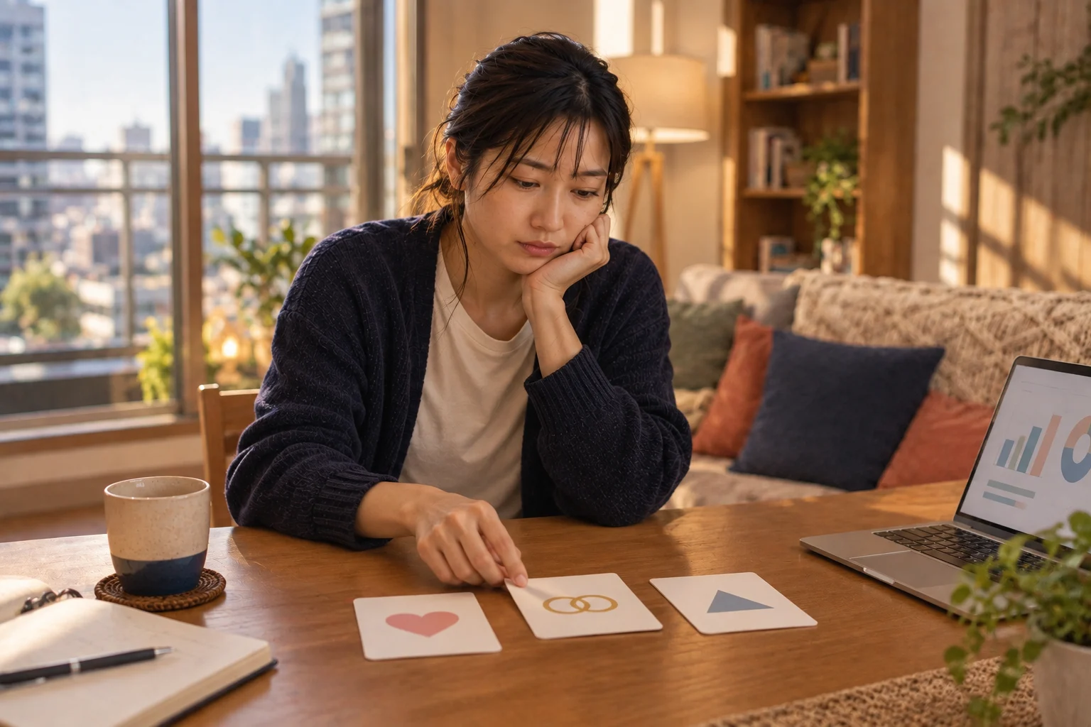 統計画面を横に置き自分の希望を三枚のカードへ分ける葵さん