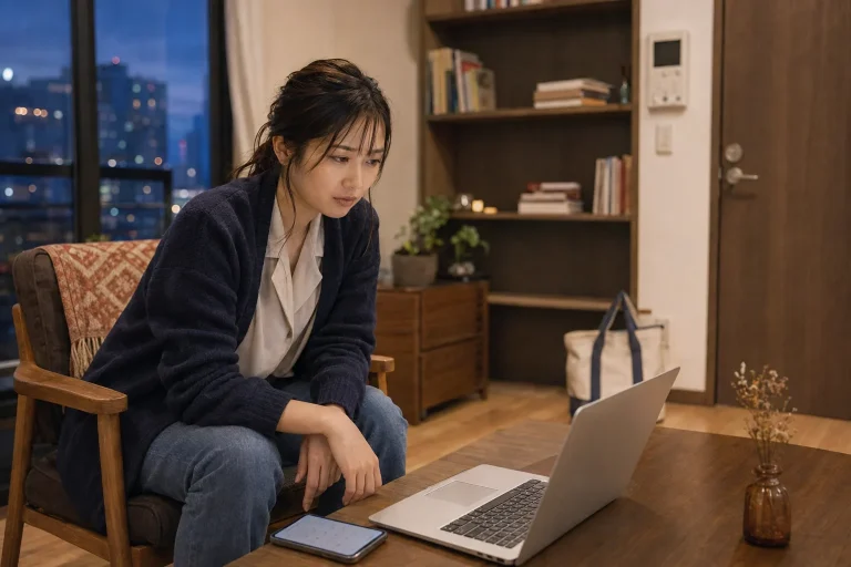 仕事の契約更新面談を終え、約束へ向かうか迷っている28歳の女性