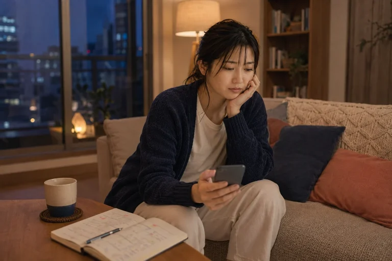 日曜の夜、二つの婚活アプリの通知と活動予定に疲れている28歳の女性