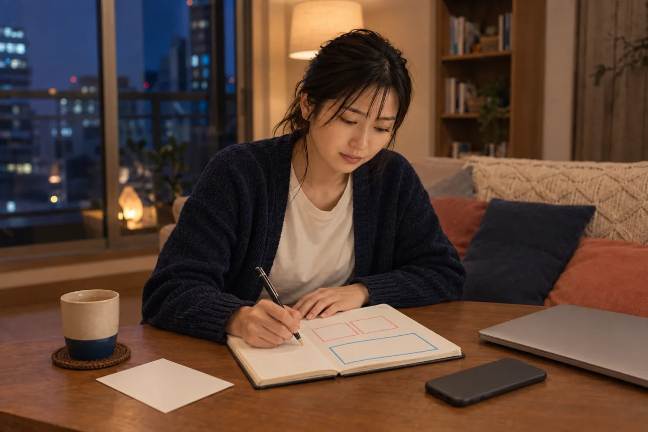 二つの候補日と自分の休日を手帳に分けて書く葵さん