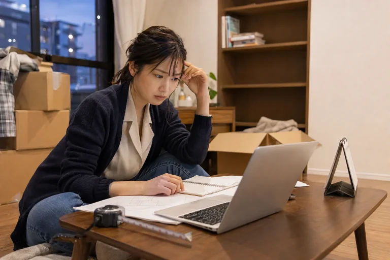 引越し箱のある部屋でノートと物件検索画面を見比べる20代女性
