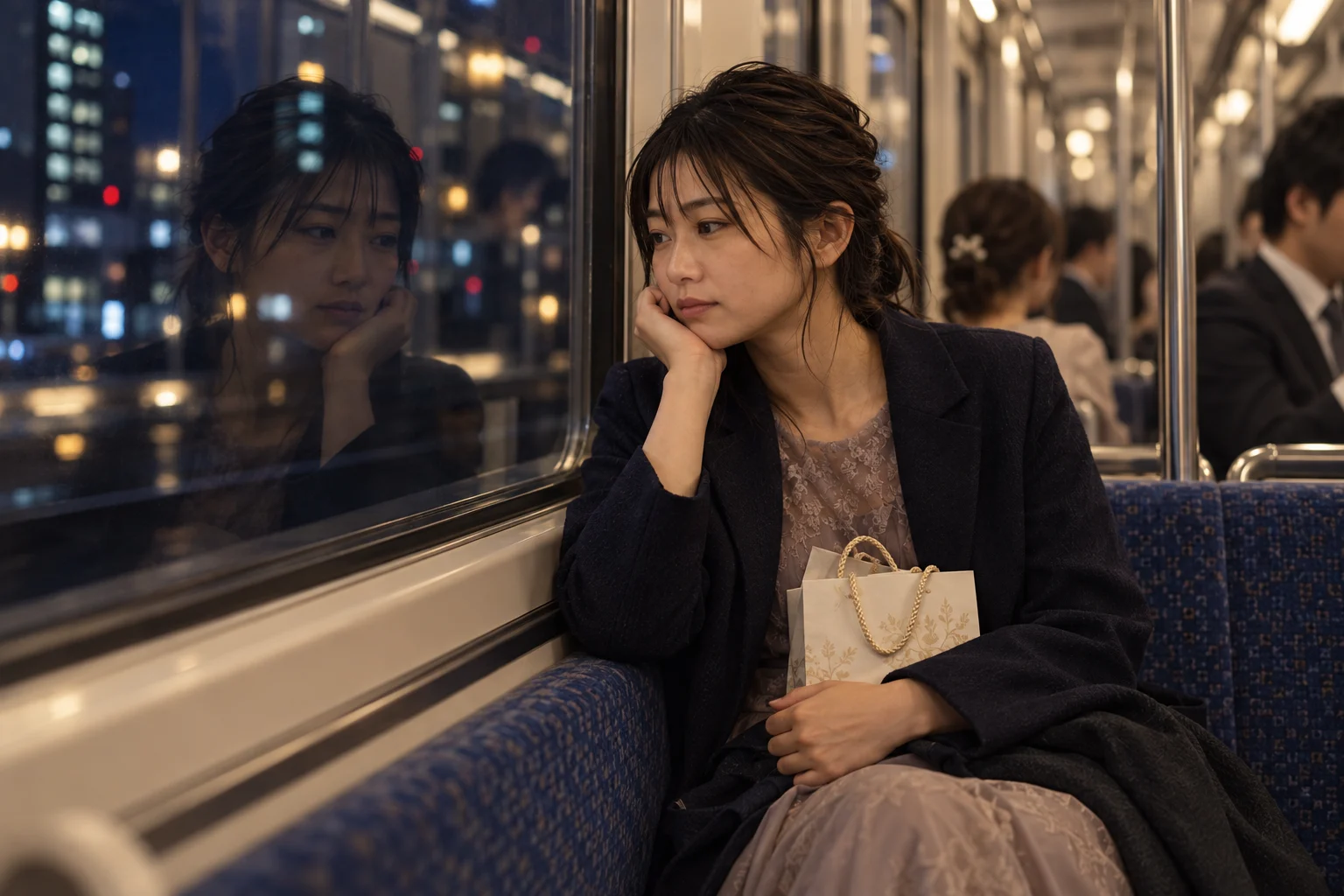 結婚式帰りの電車で窓に映る自分を見る葵さん