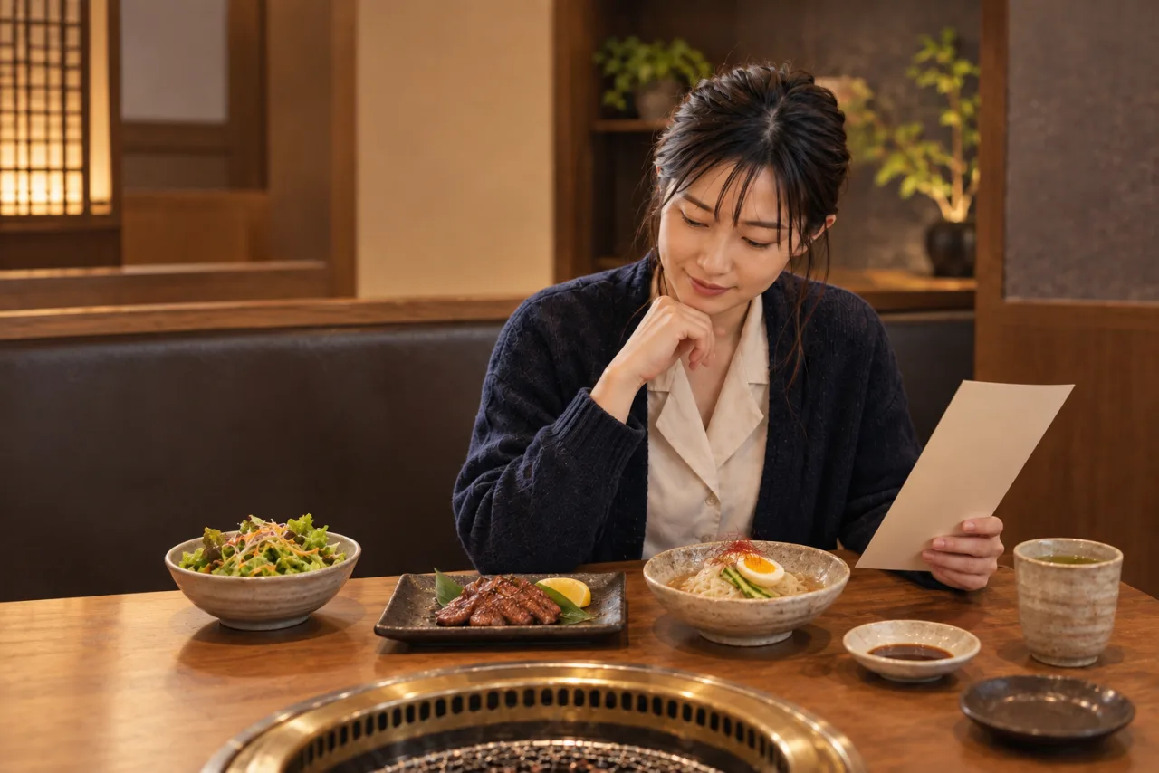 焼肉の後に小盛の冷麺を追加するか考える葵さん