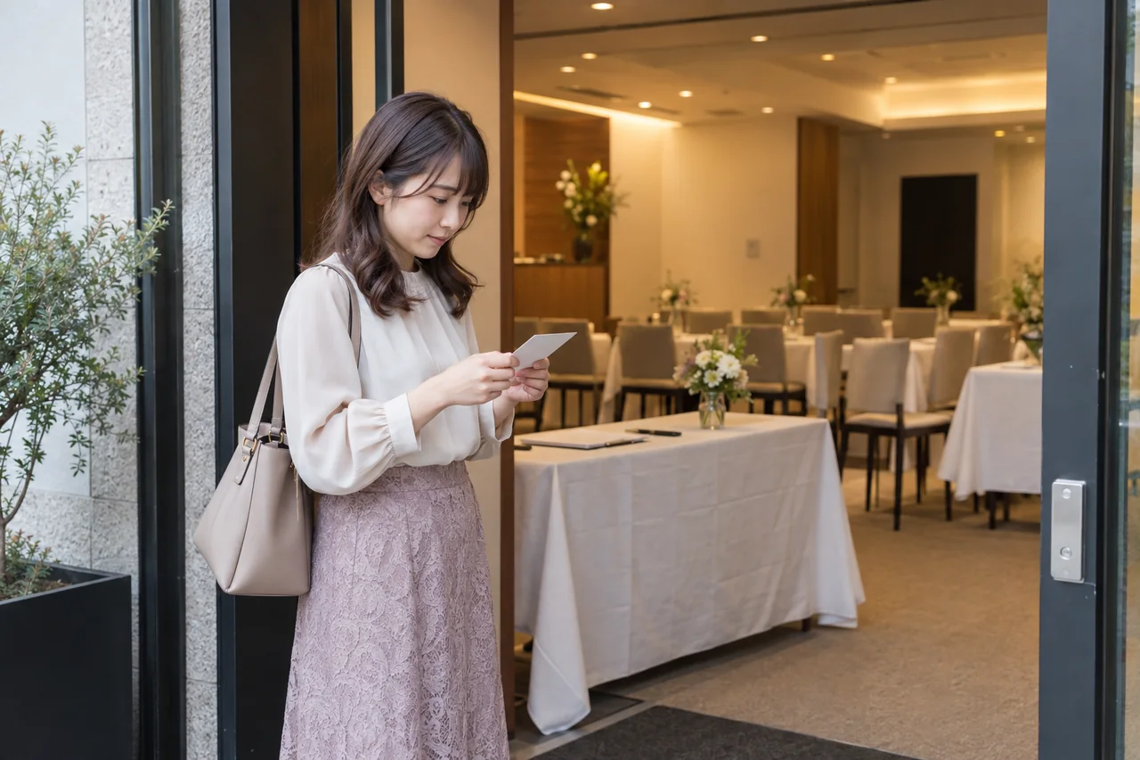 年齢条件や会場を確認してから婚活イベントの受付へ向かう日本人女性