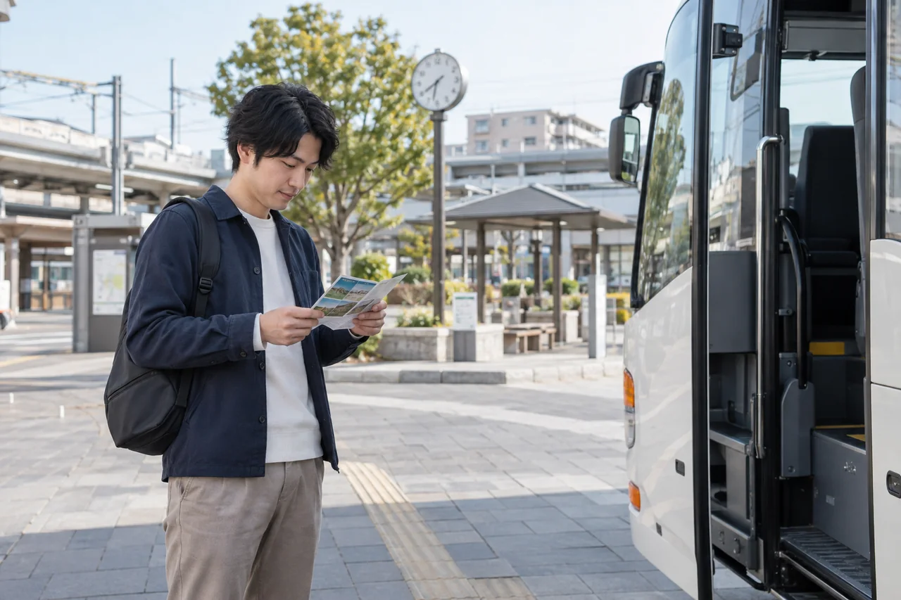 集合場所で行程を確認してから婚活ツアーのバスに乗る日本人男性
