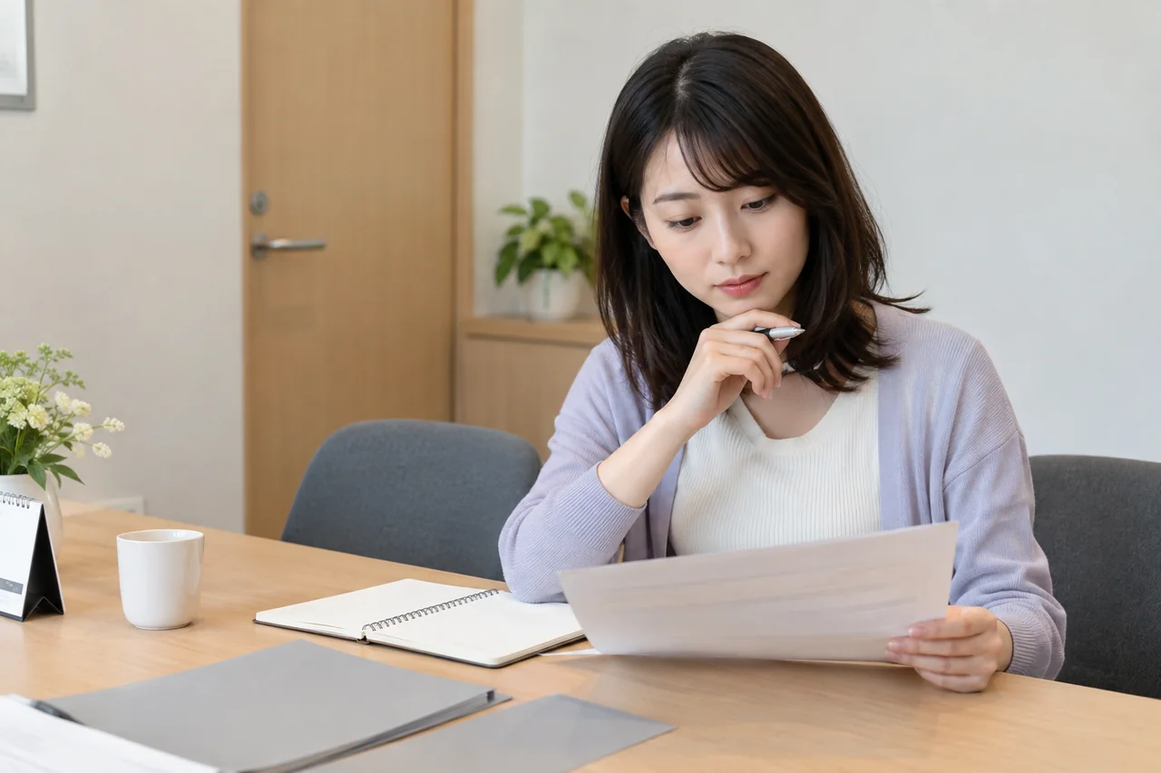 結婚相談所の料金資料を読み、質問を整理する20代の日本人女性