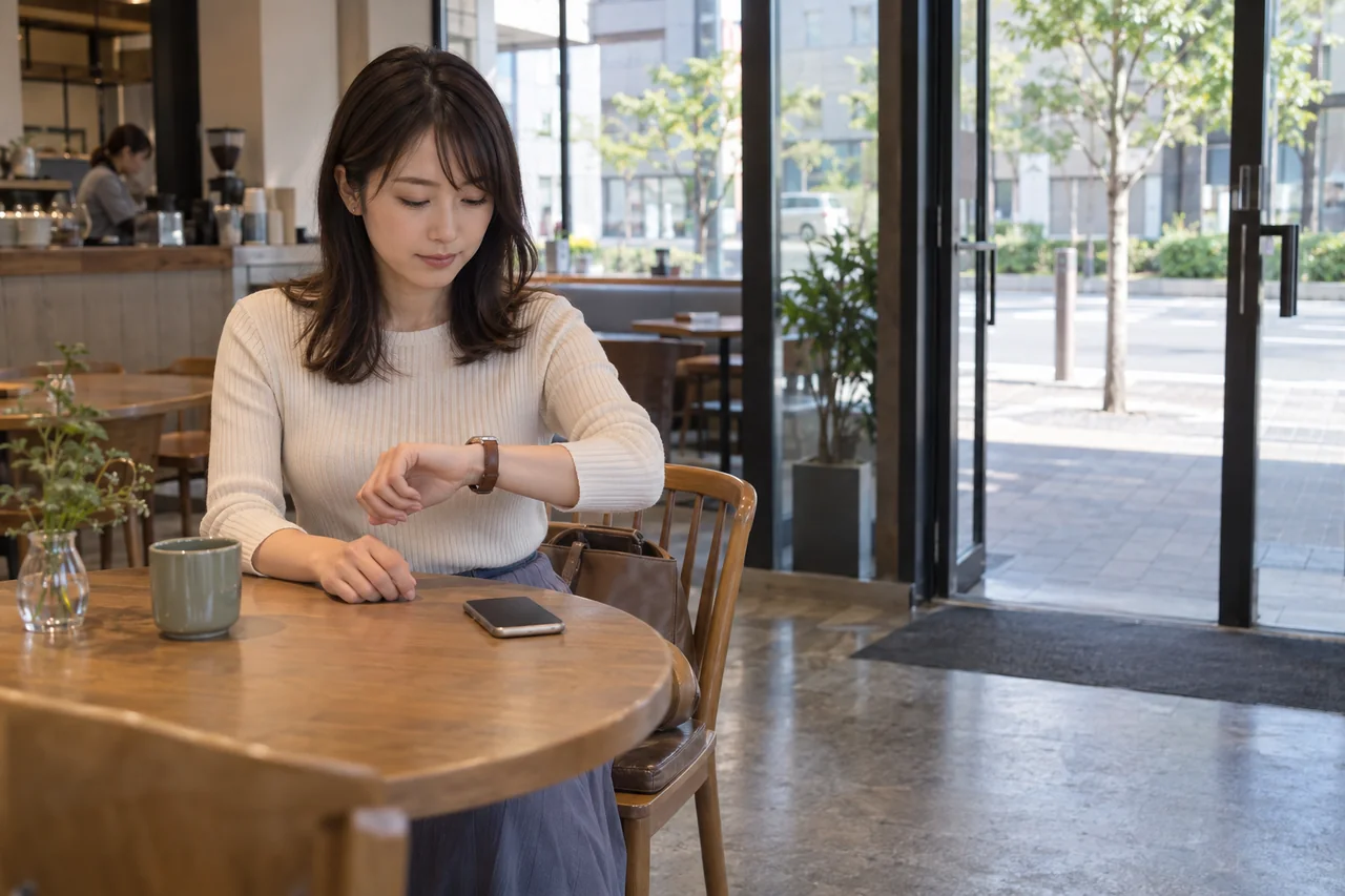人目があり出入口に近いカフェで待ち合わせ前に時間を確認する日本人女性