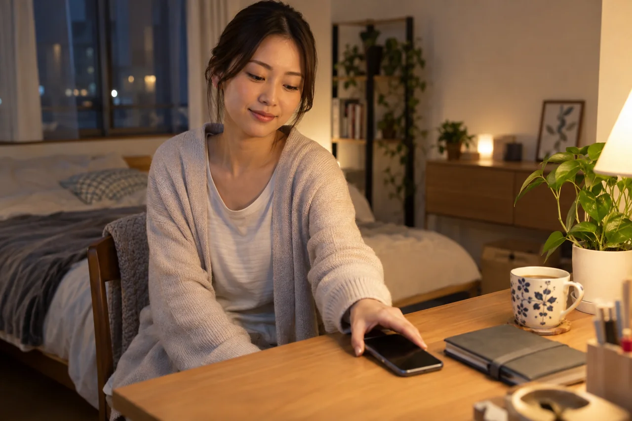 婚活の連絡をいったん休むためスマートフォンを伏せる日本人女性