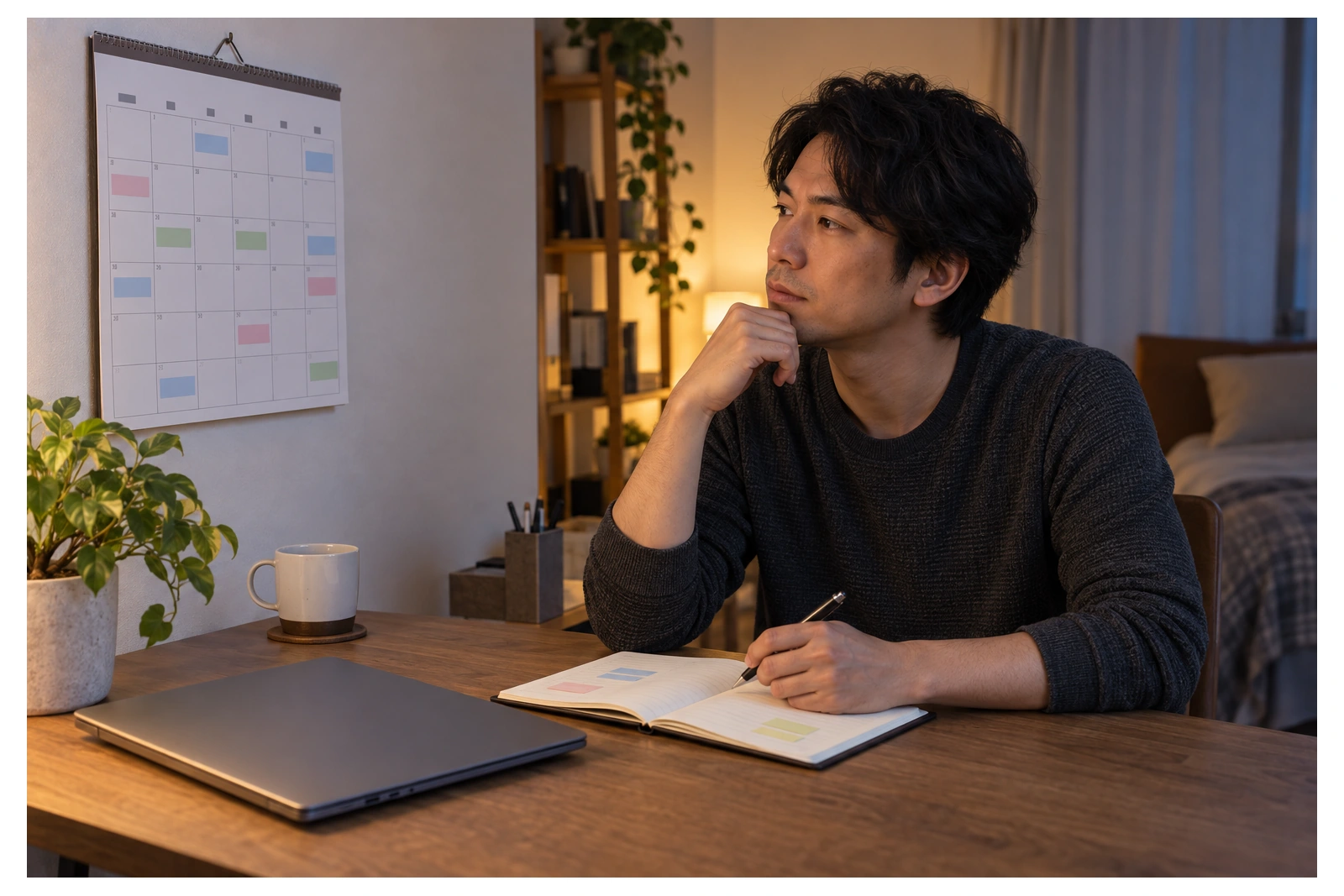 カレンダーとノートで休暇と休日を組み立てる30代前半の日本人男性