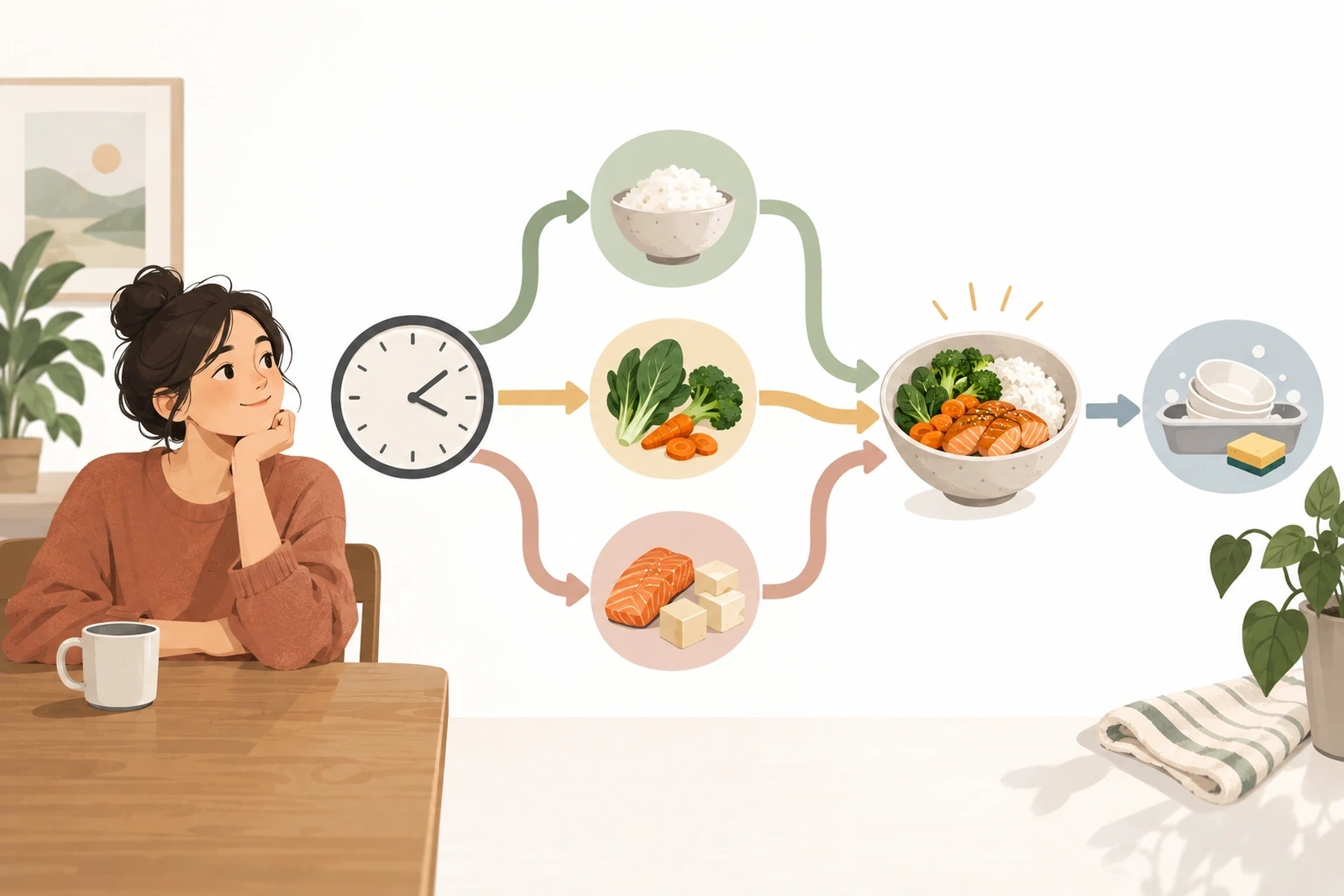 時間と体力に合わせて主食・副菜・主菜を組み合わせる分岐の図解
