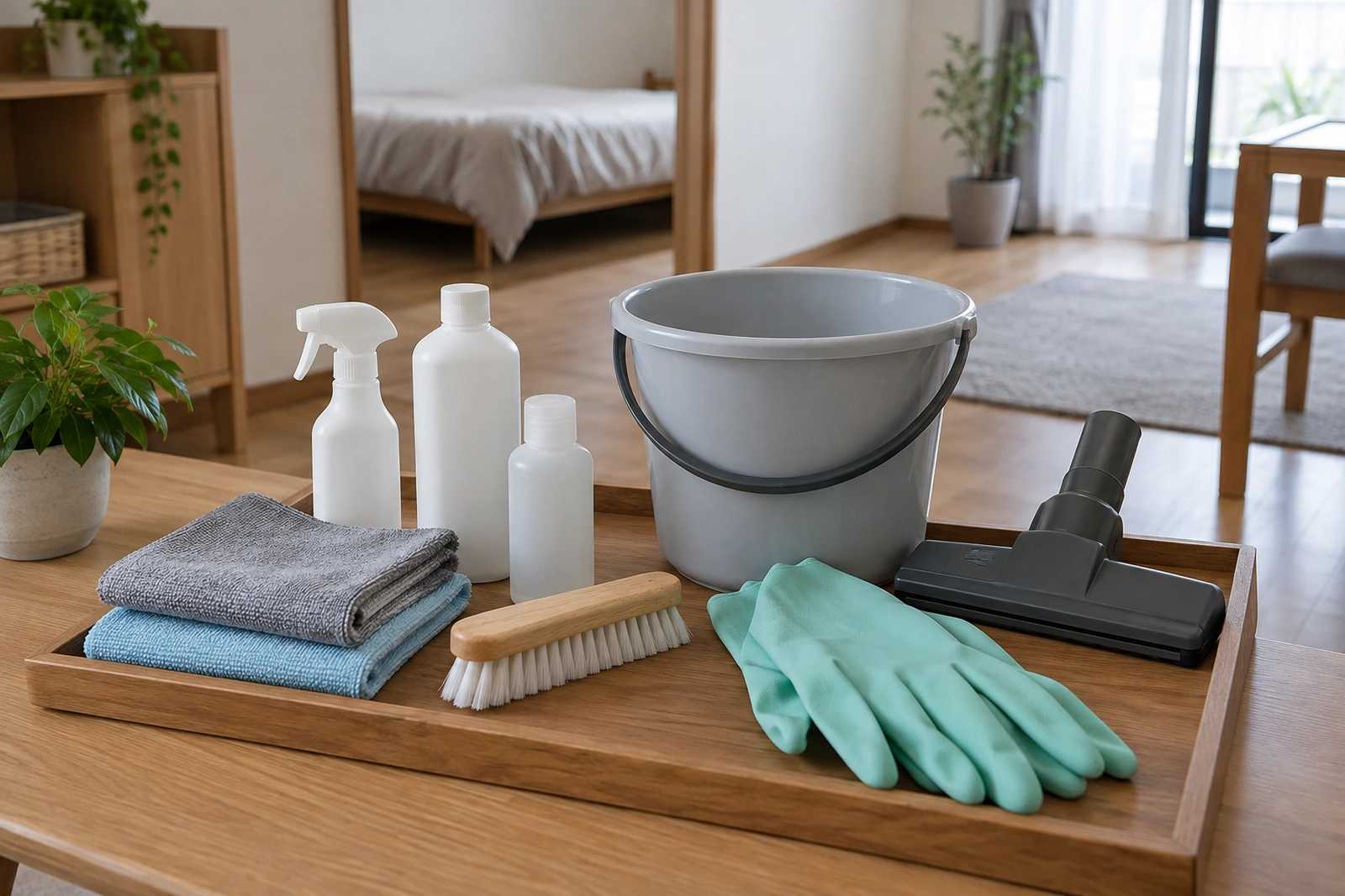 布や手袋など一人暮らしの掃除道具をトレーにまとめた様子
