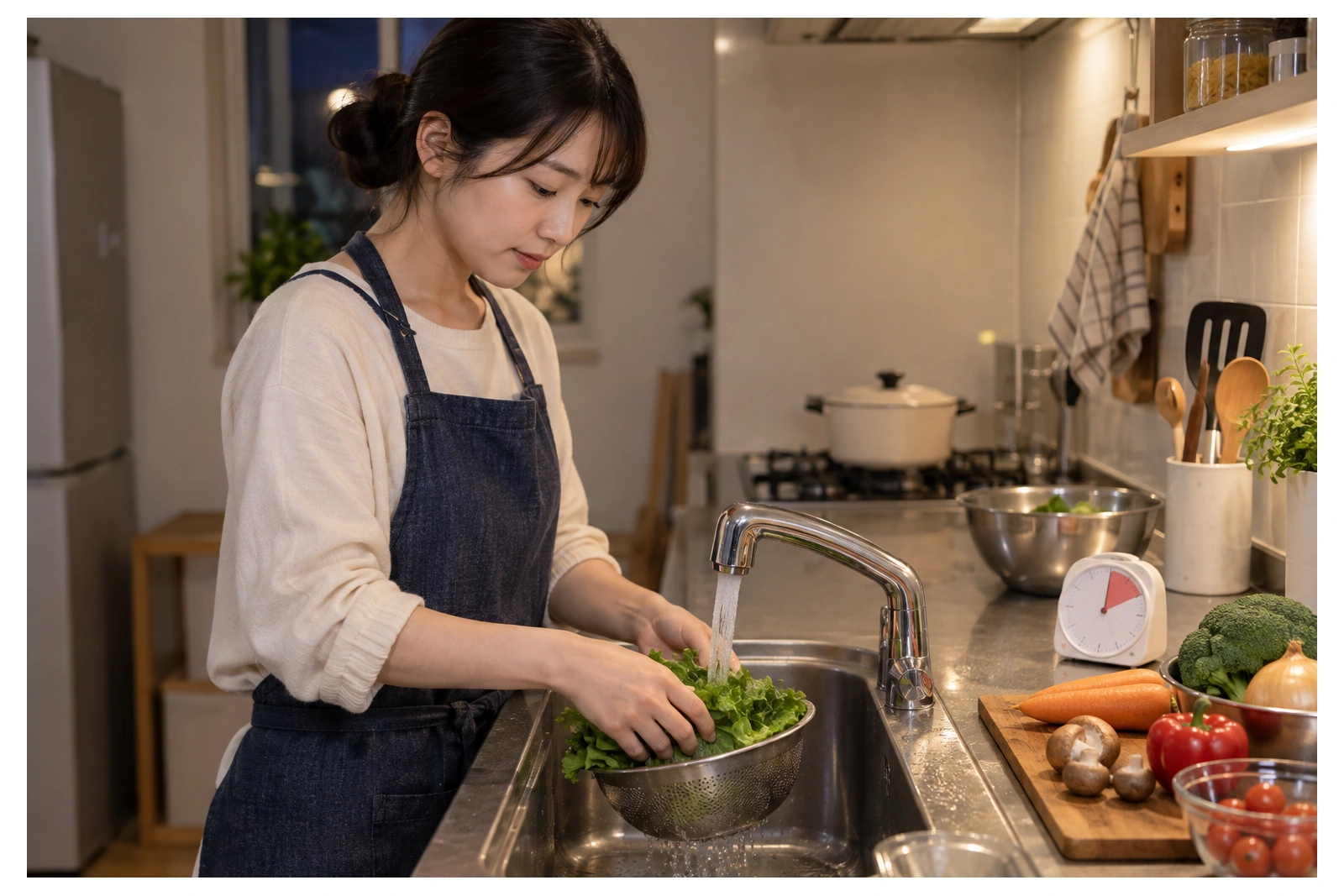 野菜を洗って下ごしらえする女性