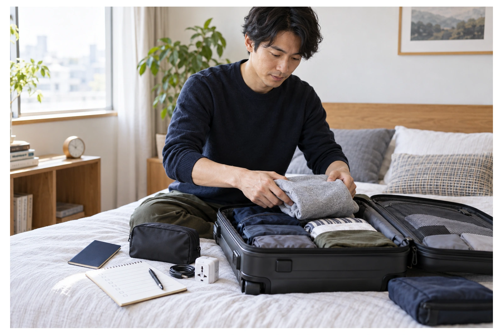機内持ち込みサイズのスーツケースへ3泊4日の衣類を詰める日本人男性