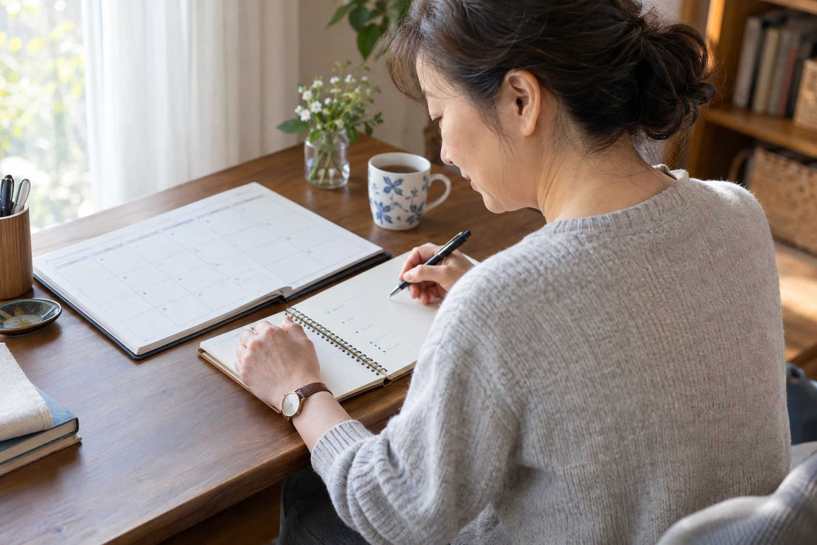50代の女性がカレンダーとノートに休日の時間と体力を書き出している様子
