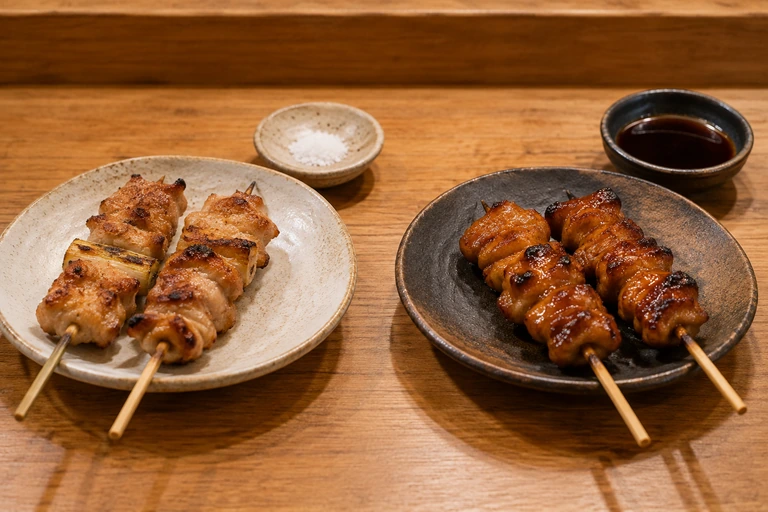 塩とタレの焼き鳥を皿で見比べるイメージ。特定店舗の料理ではない