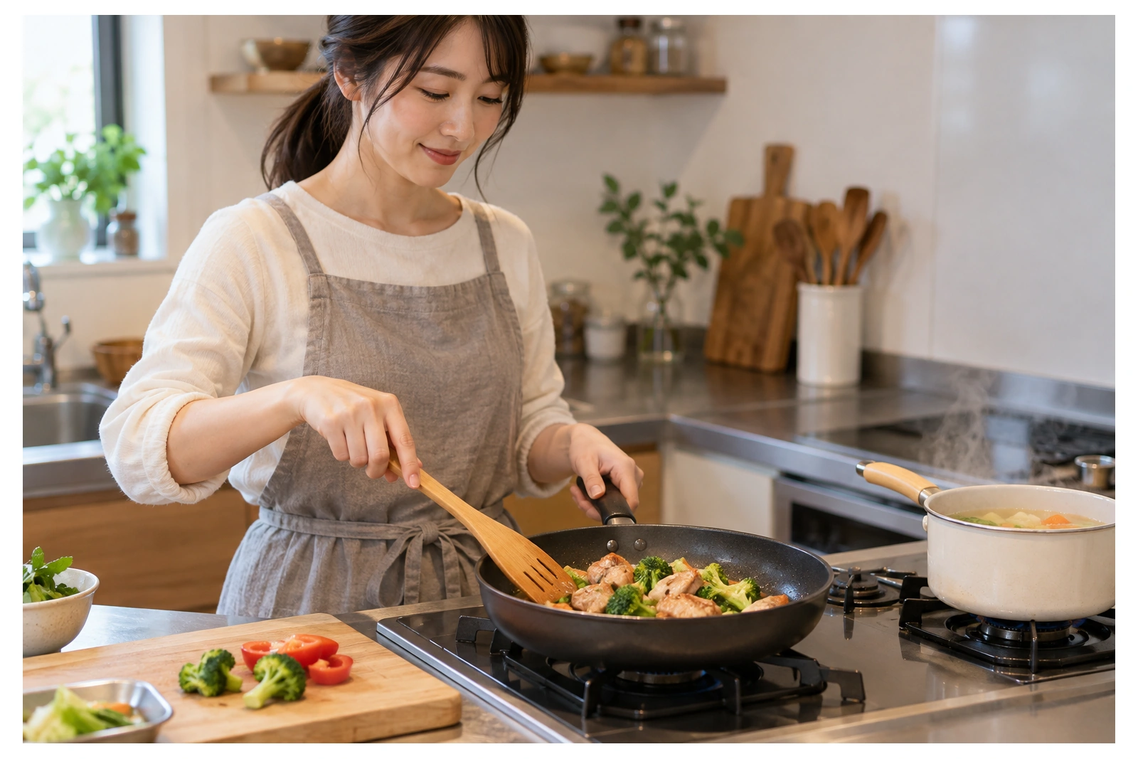フライパンで主菜と鍋で汁物を同時に作る女性