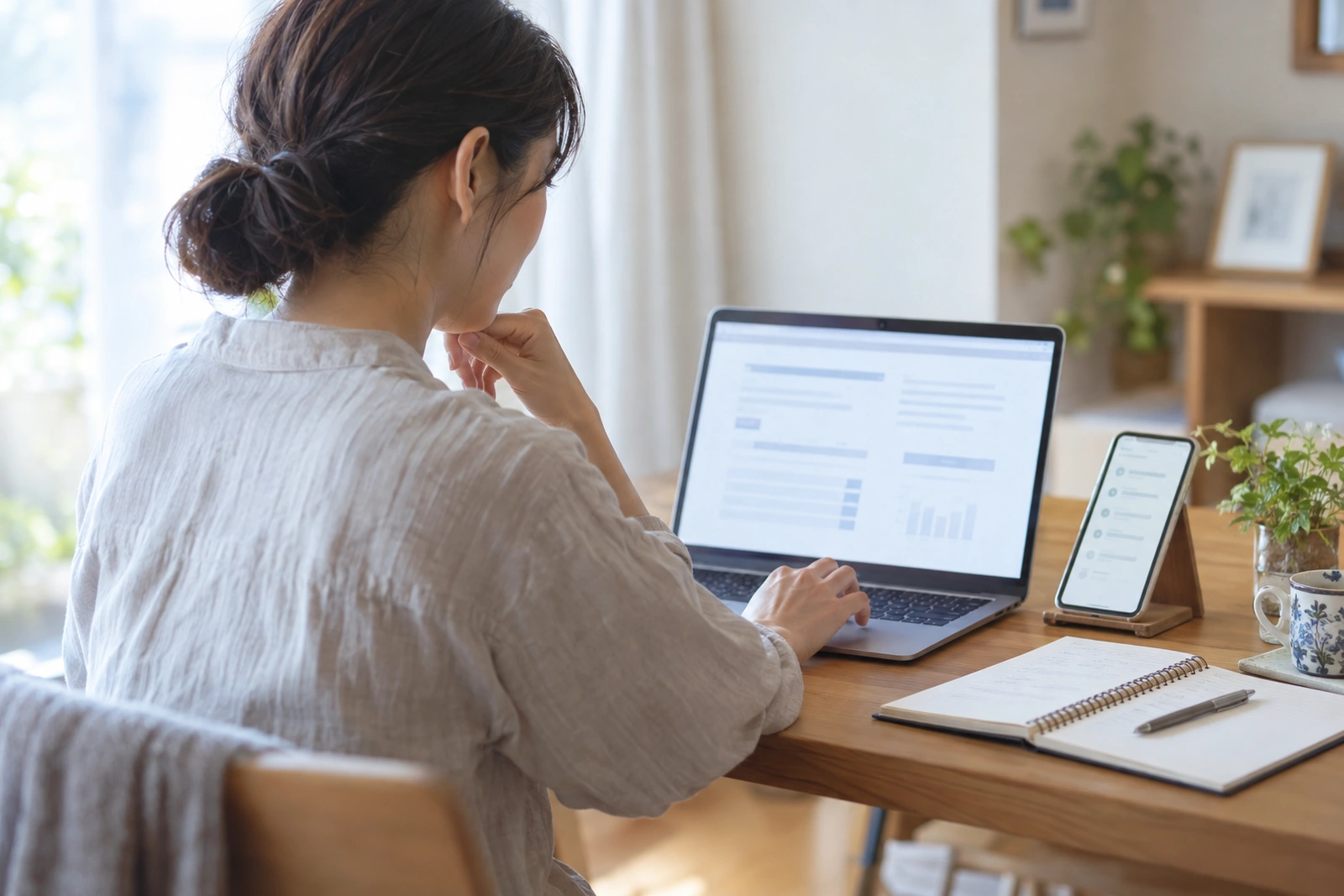 自宅で年金の見込額を確認する40代女性とノート
