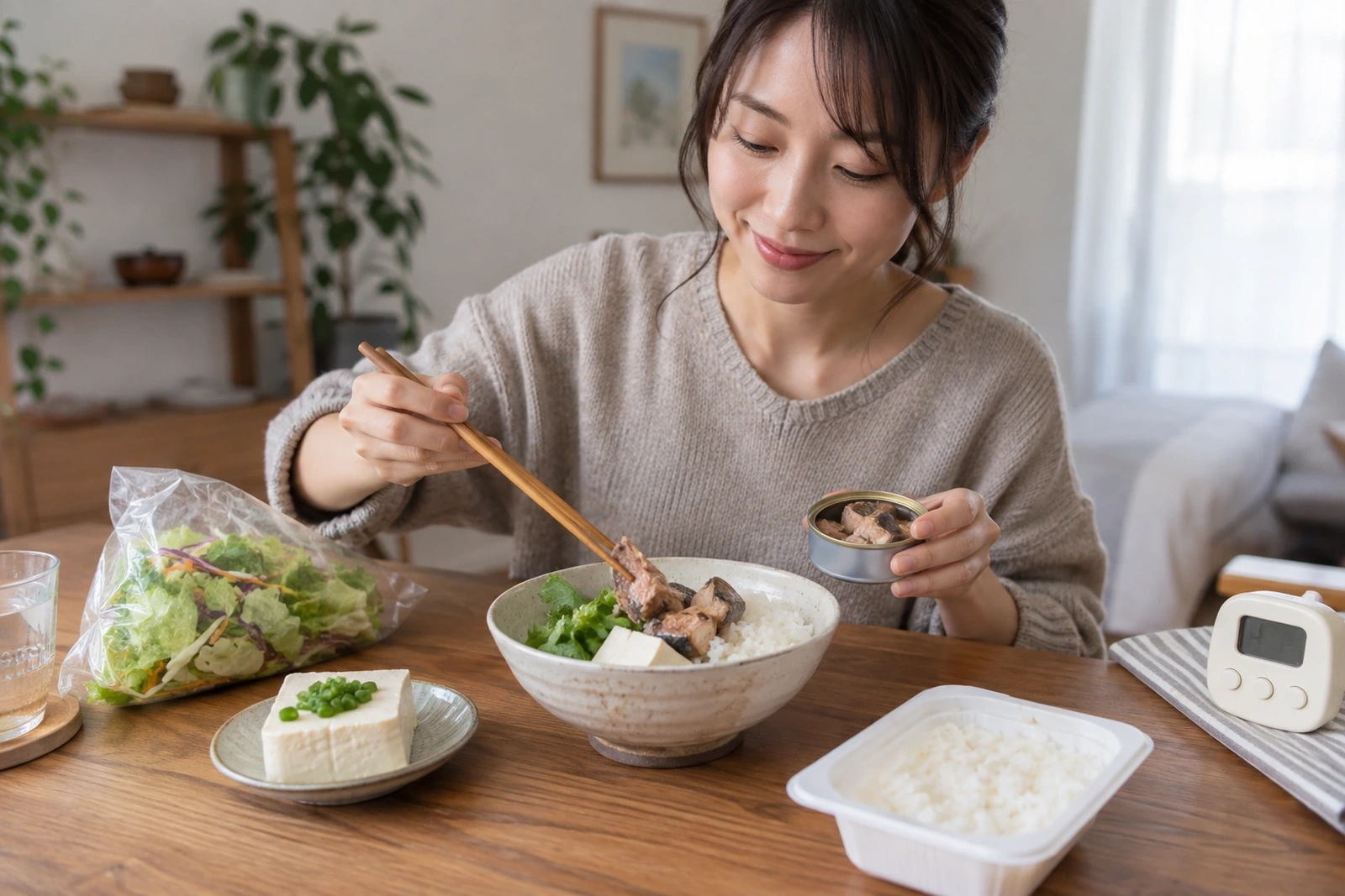 ご飯、野菜、豆腐や缶詰を一人分の器に組み立てる様子