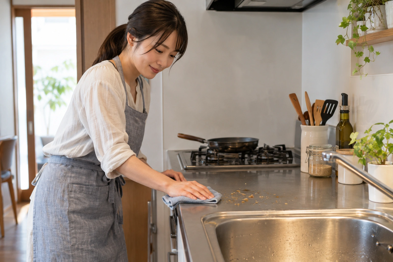 キッチンの作業台を布で拭く一人暮らしの女性