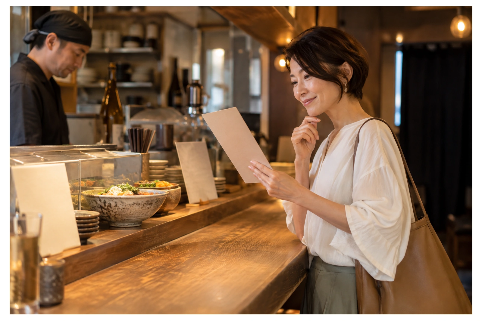 立ち飲み店で空白のメニューを見ながら注文を考える女性