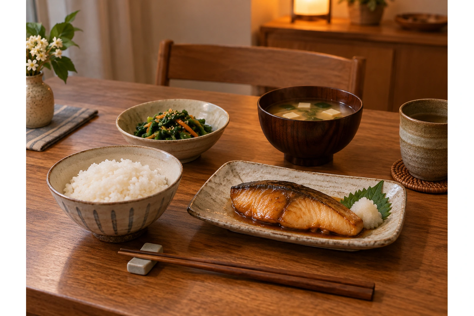 主菜・主食・副菜・汁物を一人分の食卓に並べた料理