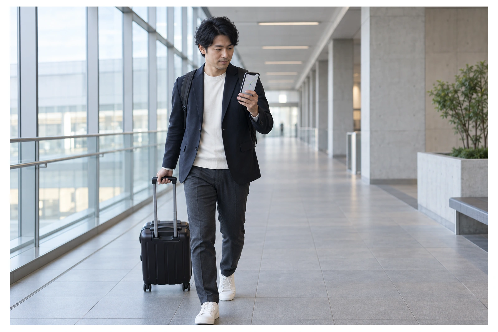 無記名の乗換通路でスマートフォンを確認しながらスーツケースを引く日本人男性