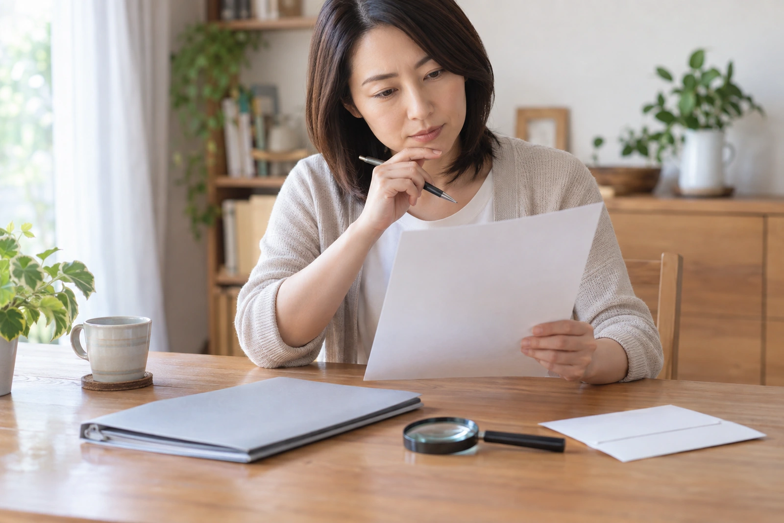 空白の保険更新書類を虫眼鏡で確認する40代女性