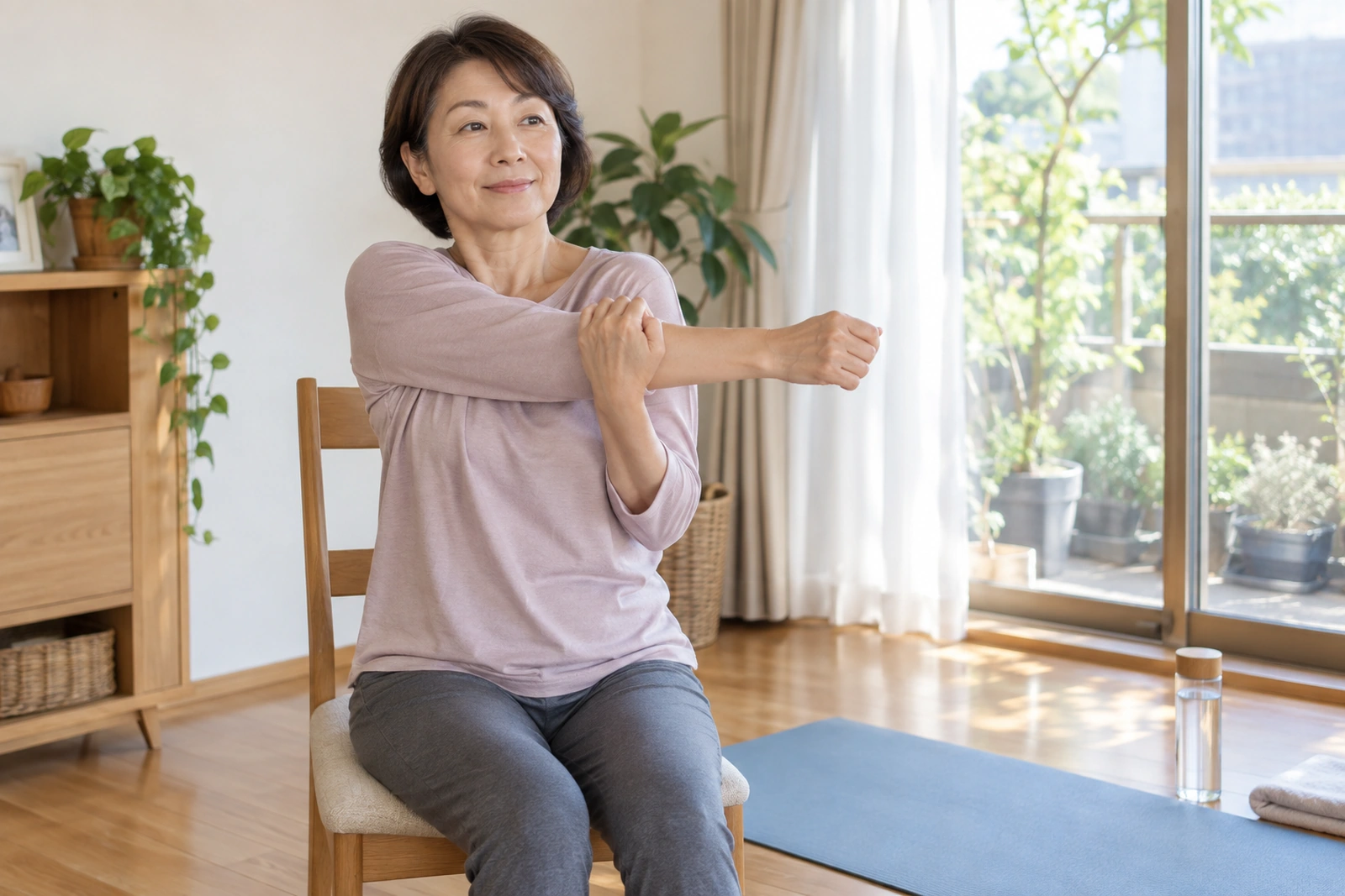 椅子とマットを使って穏やかなストレッチをする50代女性