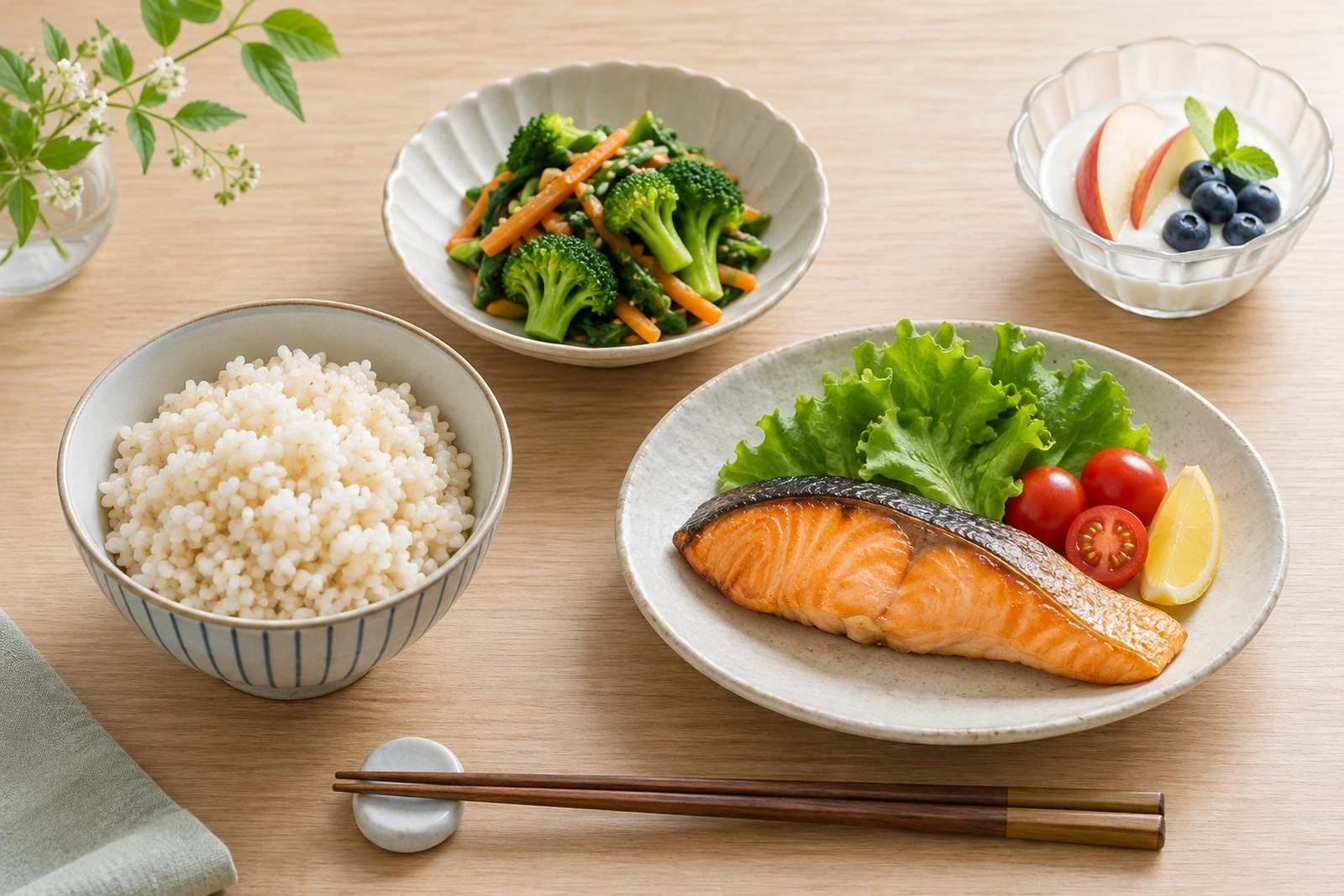 主食・副菜・主菜を一人分の食卓に分けて置いた完成例