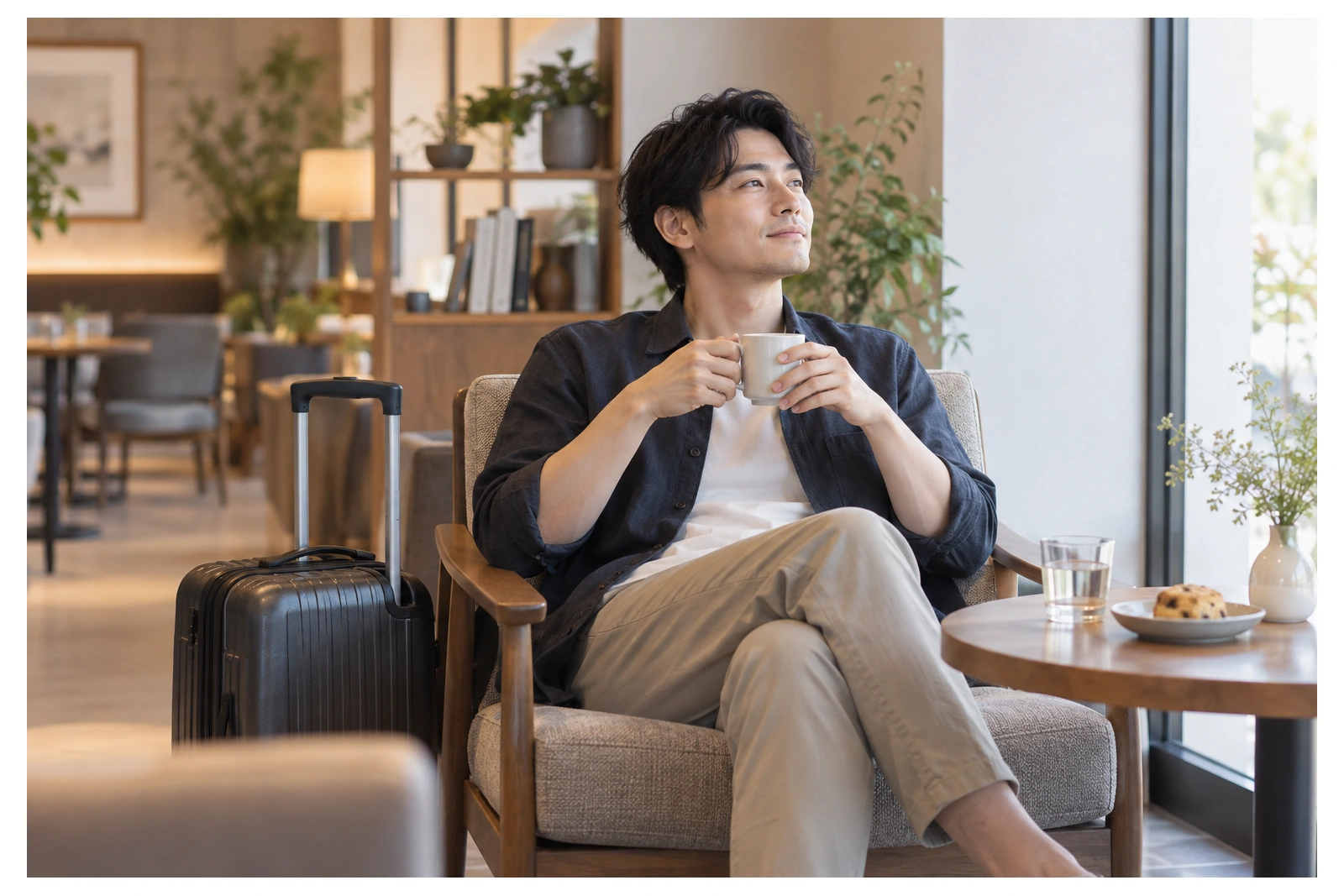 旅先のカフェラウンジでスーツケースを横に置いて休む日本人男性