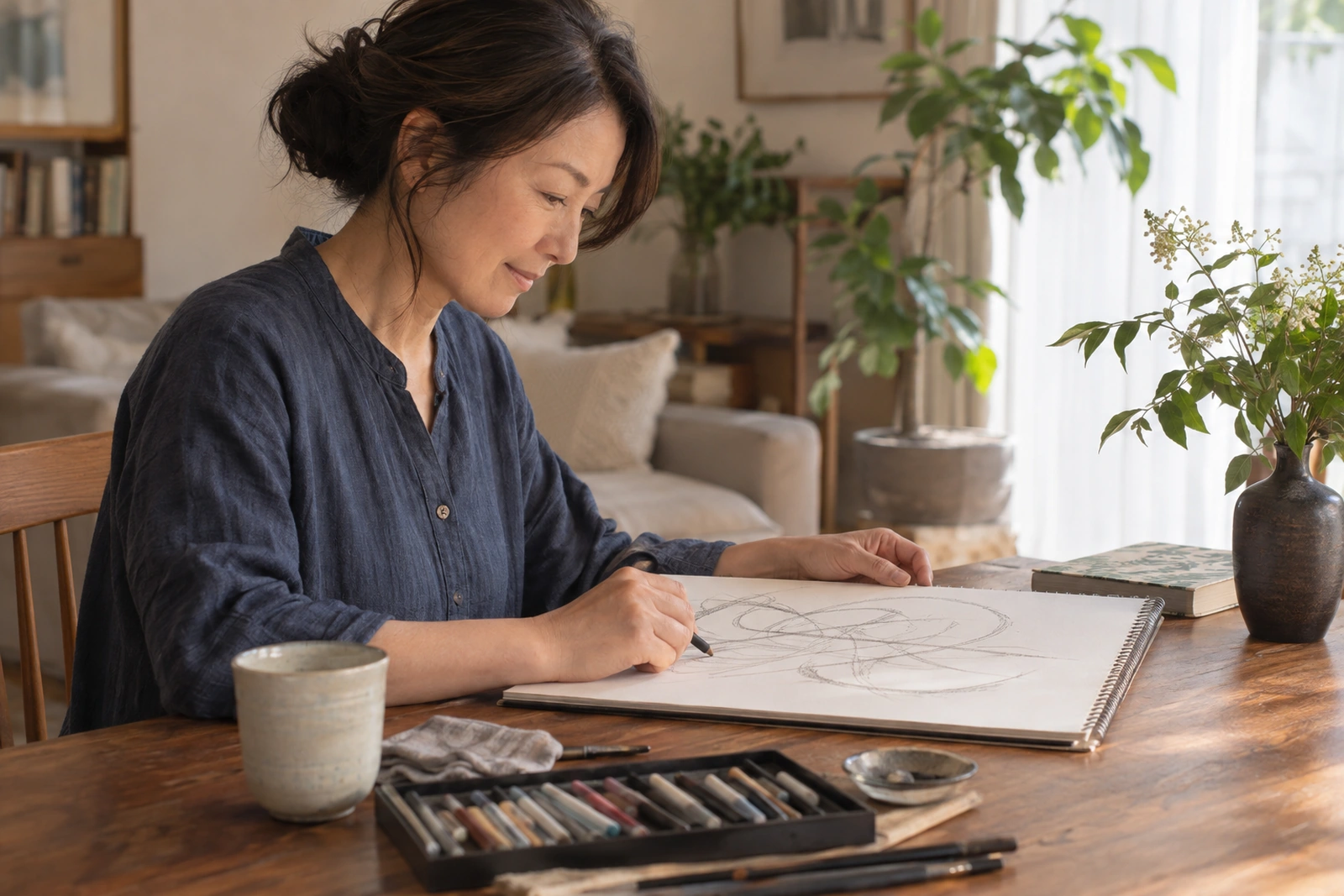 自宅でスケッチを試す50代女性と画材