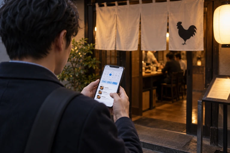 焼き鳥屋の入口でスマートフォンの予約日程やメニューを確認する一人客のイメージ