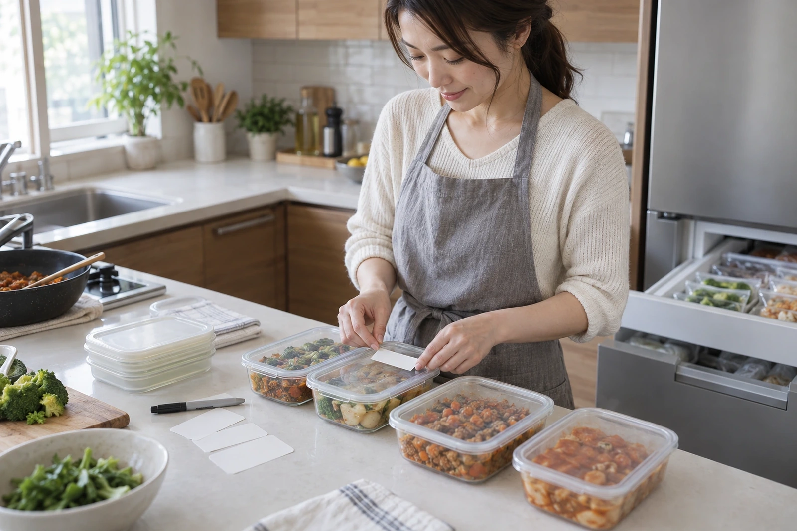 加熱した料理を浅い保存容器へ一人分ずつ分ける様子