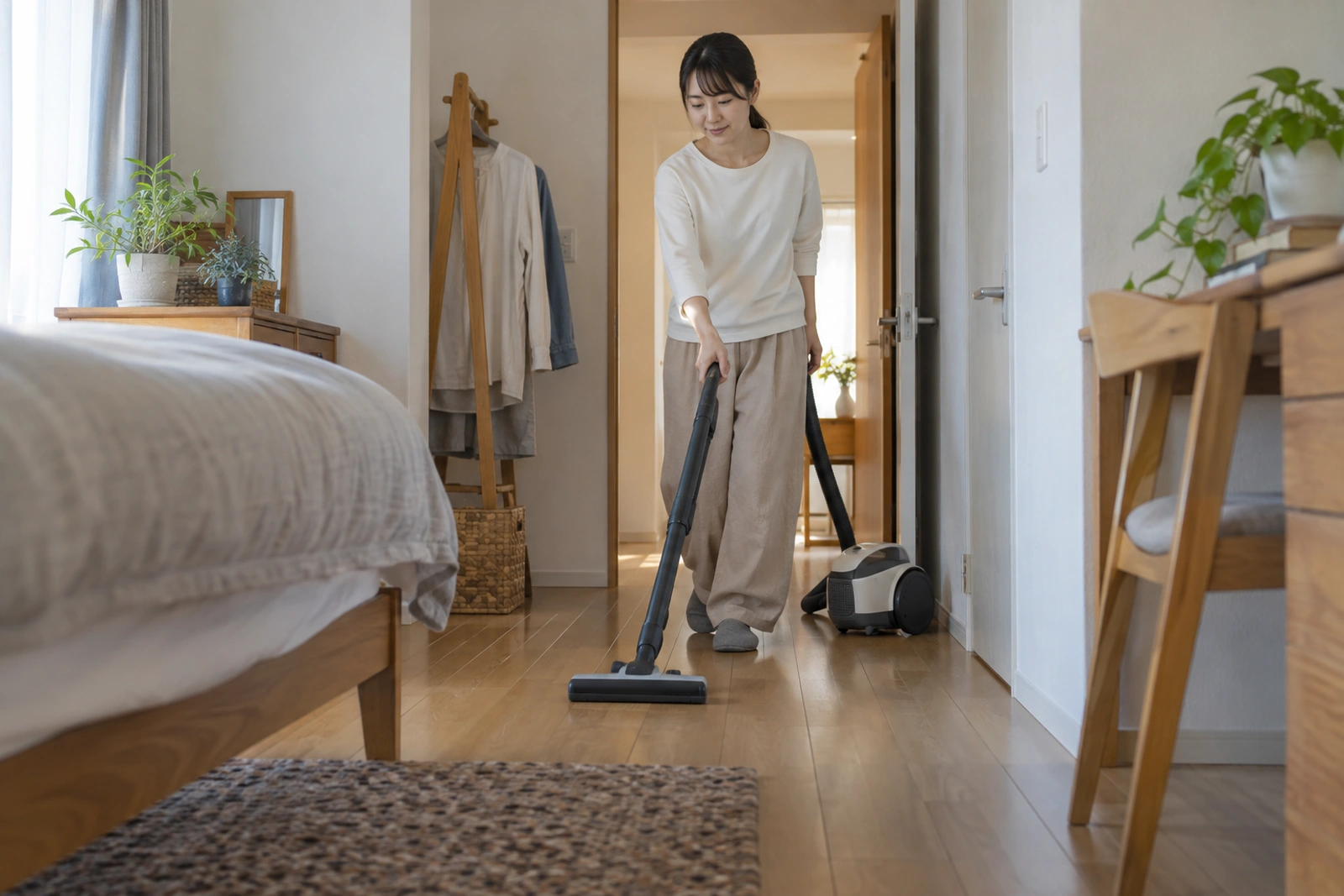 部屋の動線に沿って掃除機をかける女性