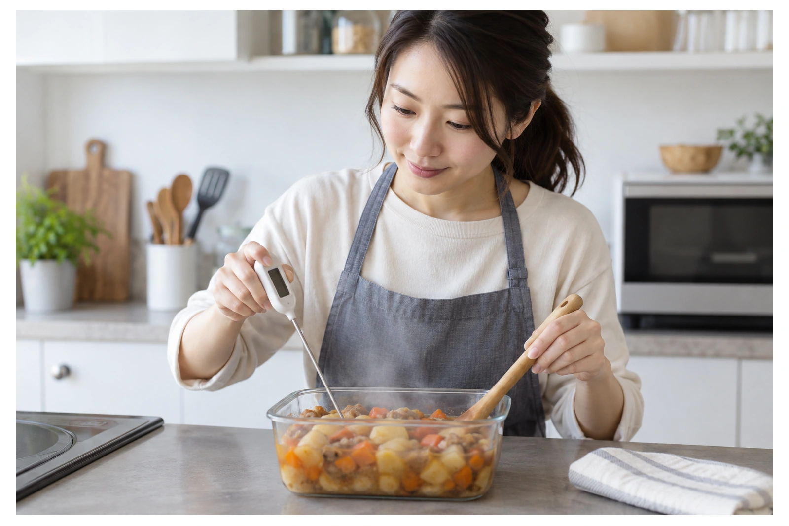 料理の中心温度を確認する女性