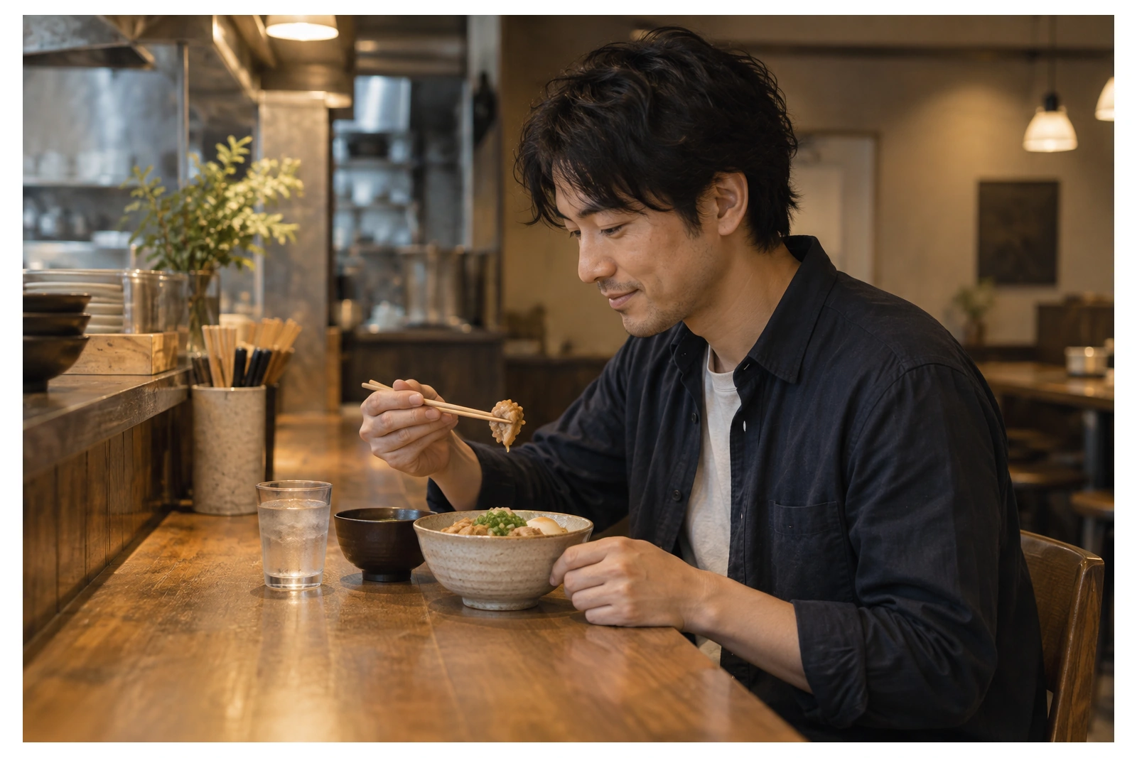 無記名のカウンターで一人分の食事をする30代前半の日本人男性