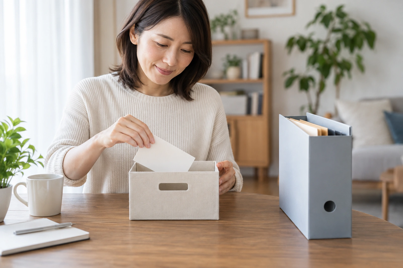 すぐ使うお金と長期のお金を別の箱とファイルに分ける女性