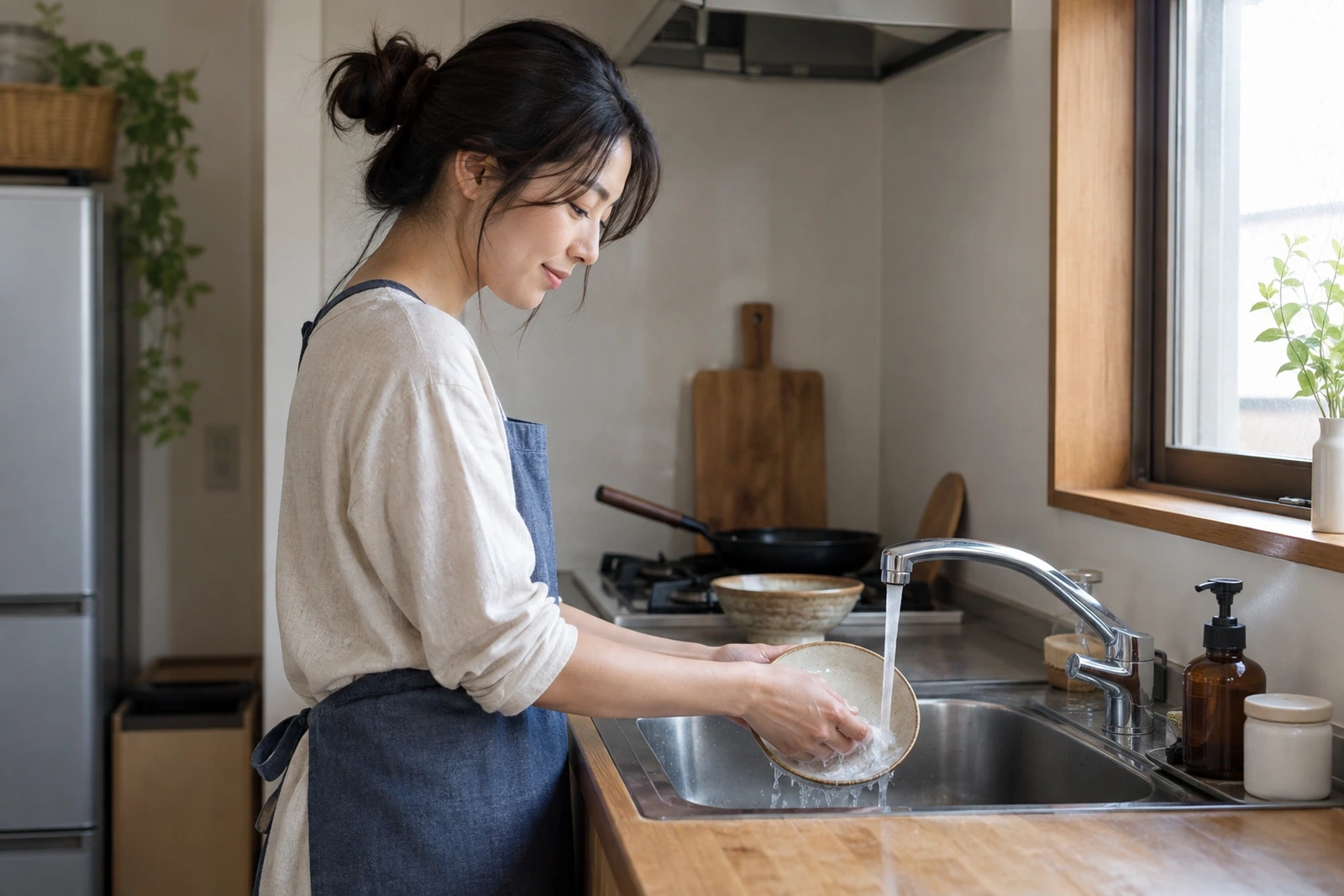 一人分の食器を少ない手順で洗う小さなキッチン