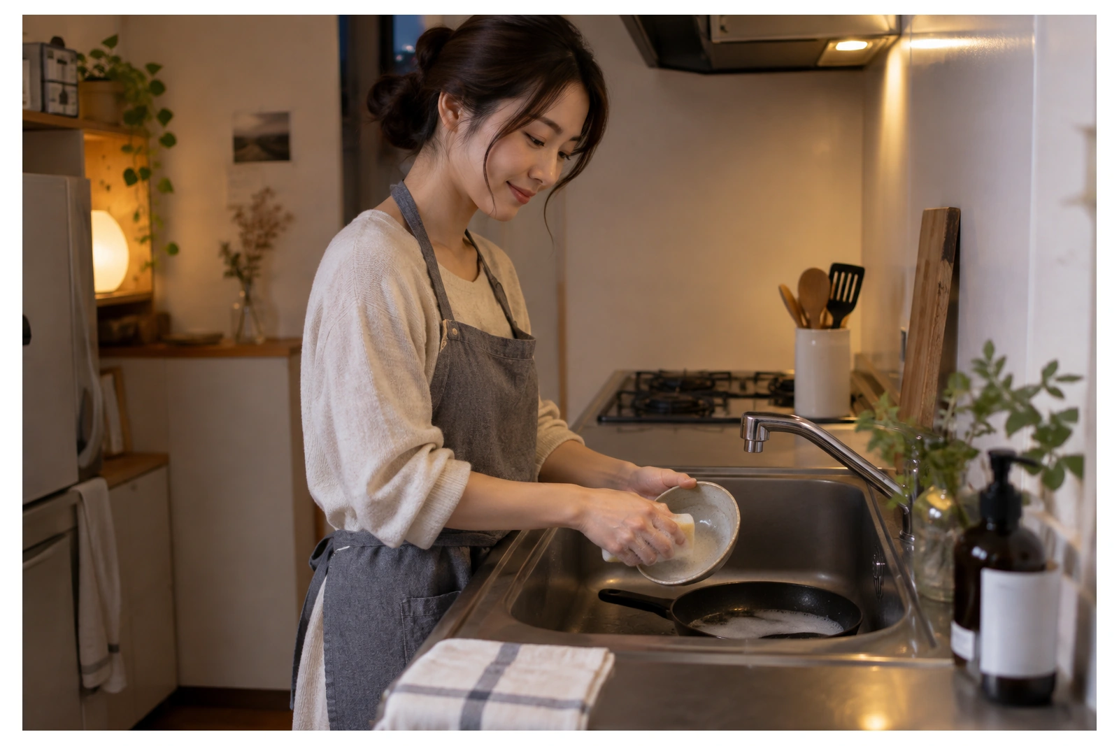 一人分の食器を洗う女性