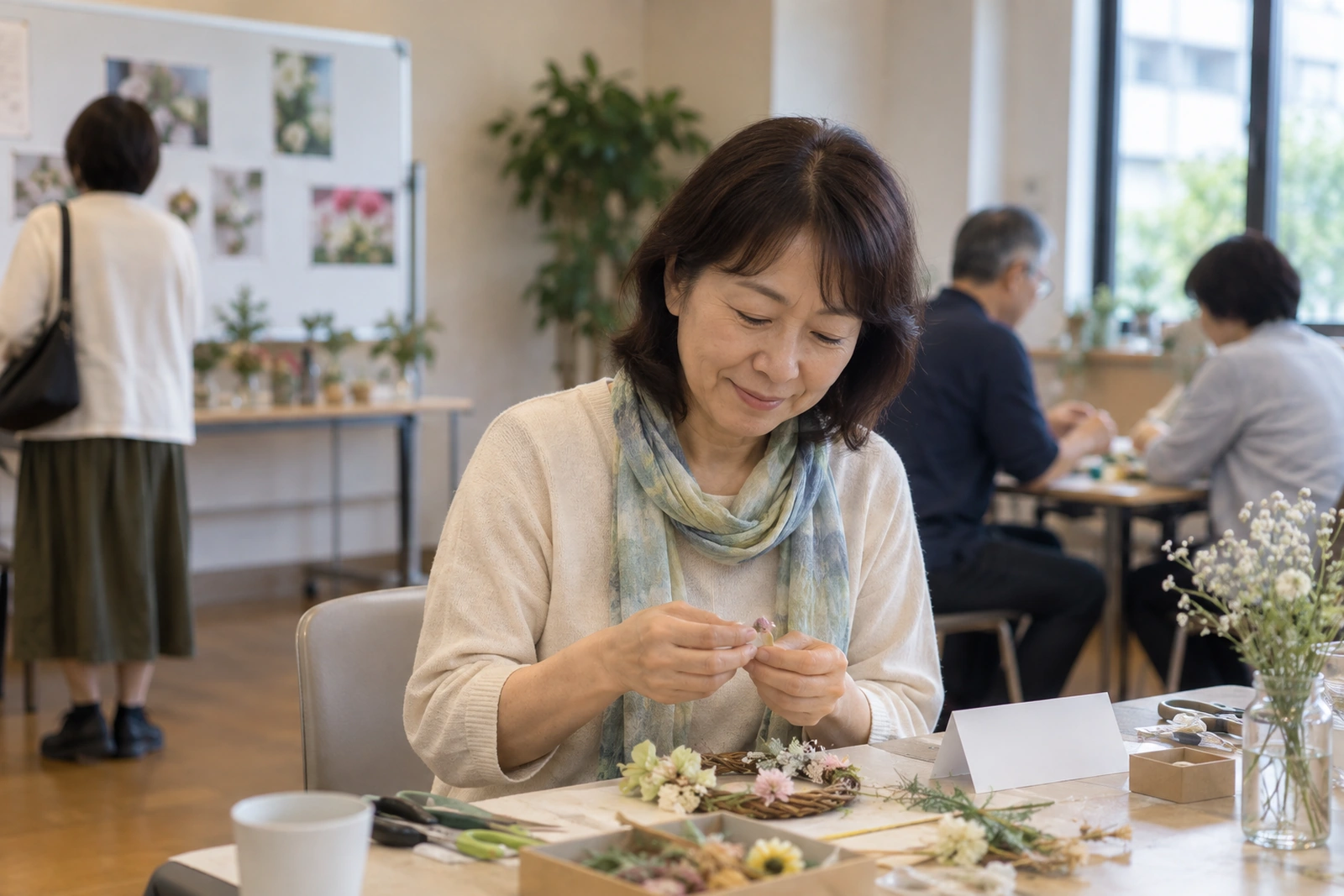 小規模な活動で一人の女性が手元の作業を試している様子