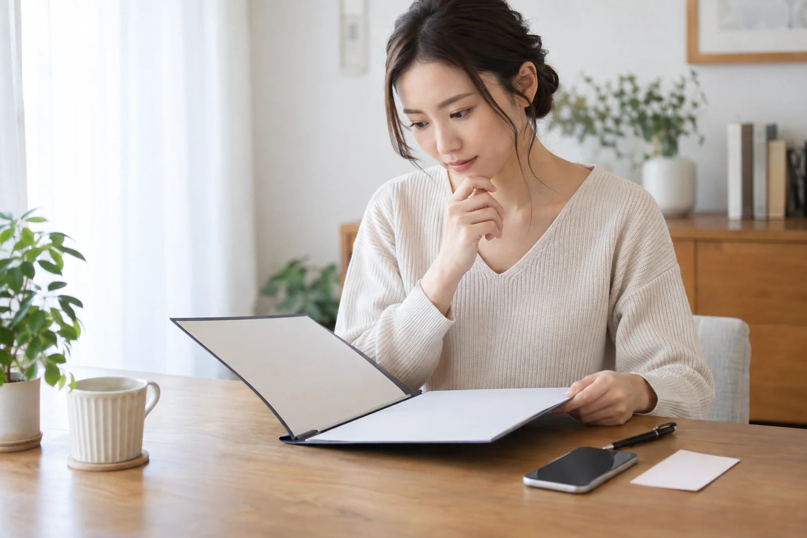 美容医療の契約書類と相談先を確認する女性