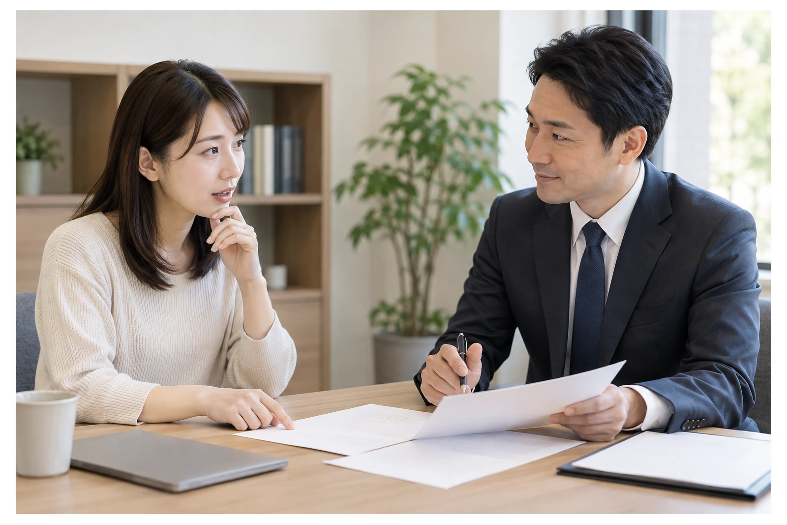 空白書類を相談員と確認する女性