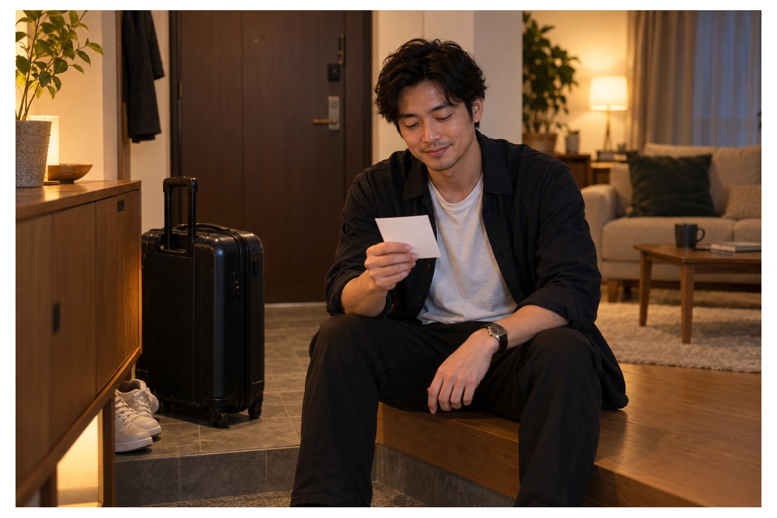 帰宅してスーツケースを置き翌日の予定を確認する30代前半の日本人男性