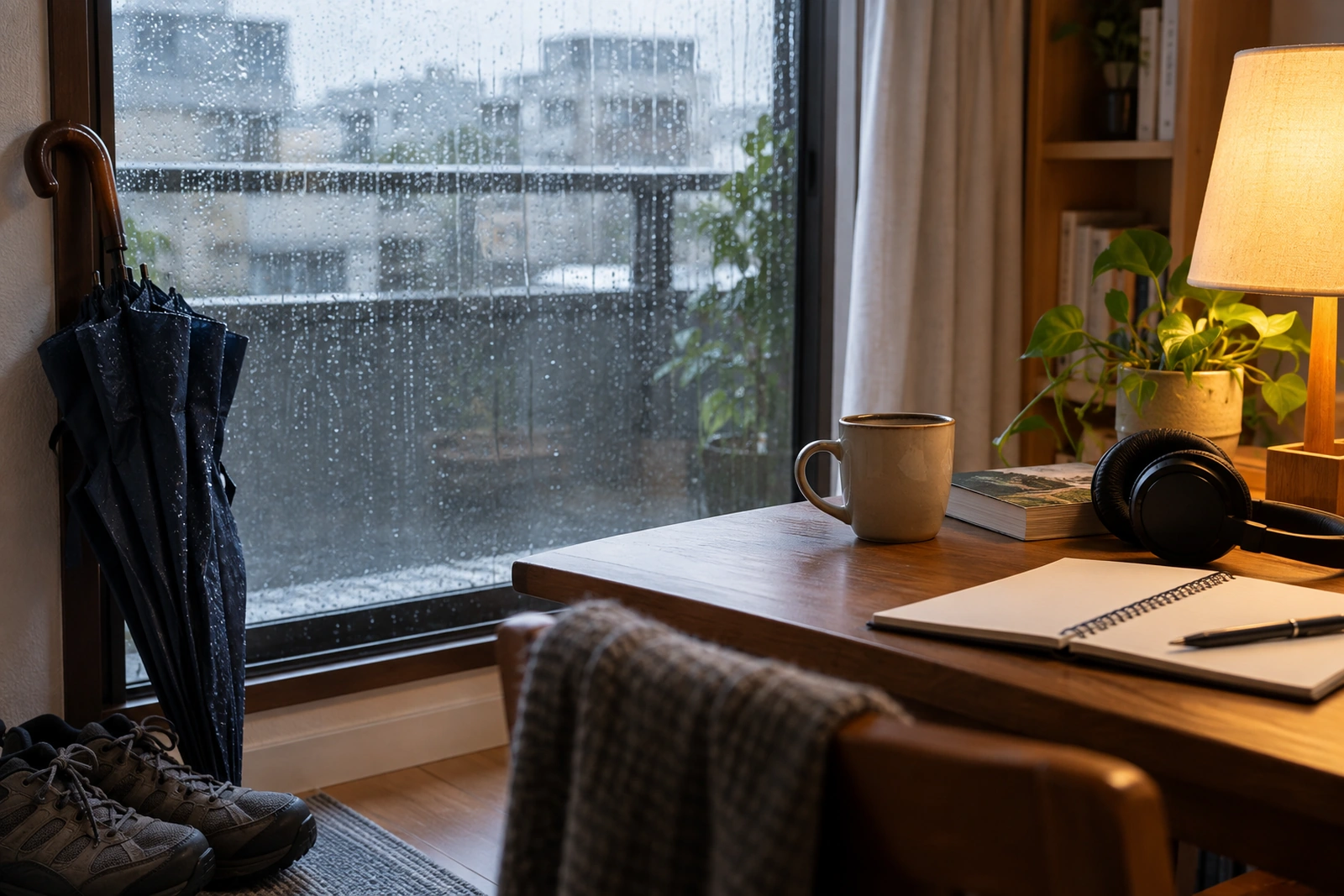 雨の日に室内で本や音楽やノートを楽しむ机
