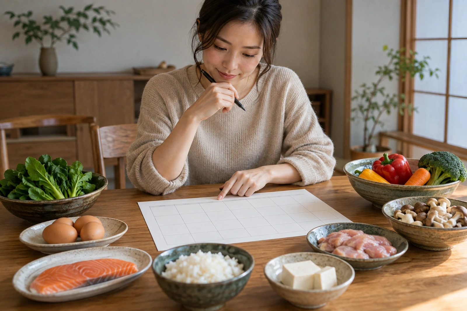 一人分の食材を並べて一週間の食事の型を考える女性